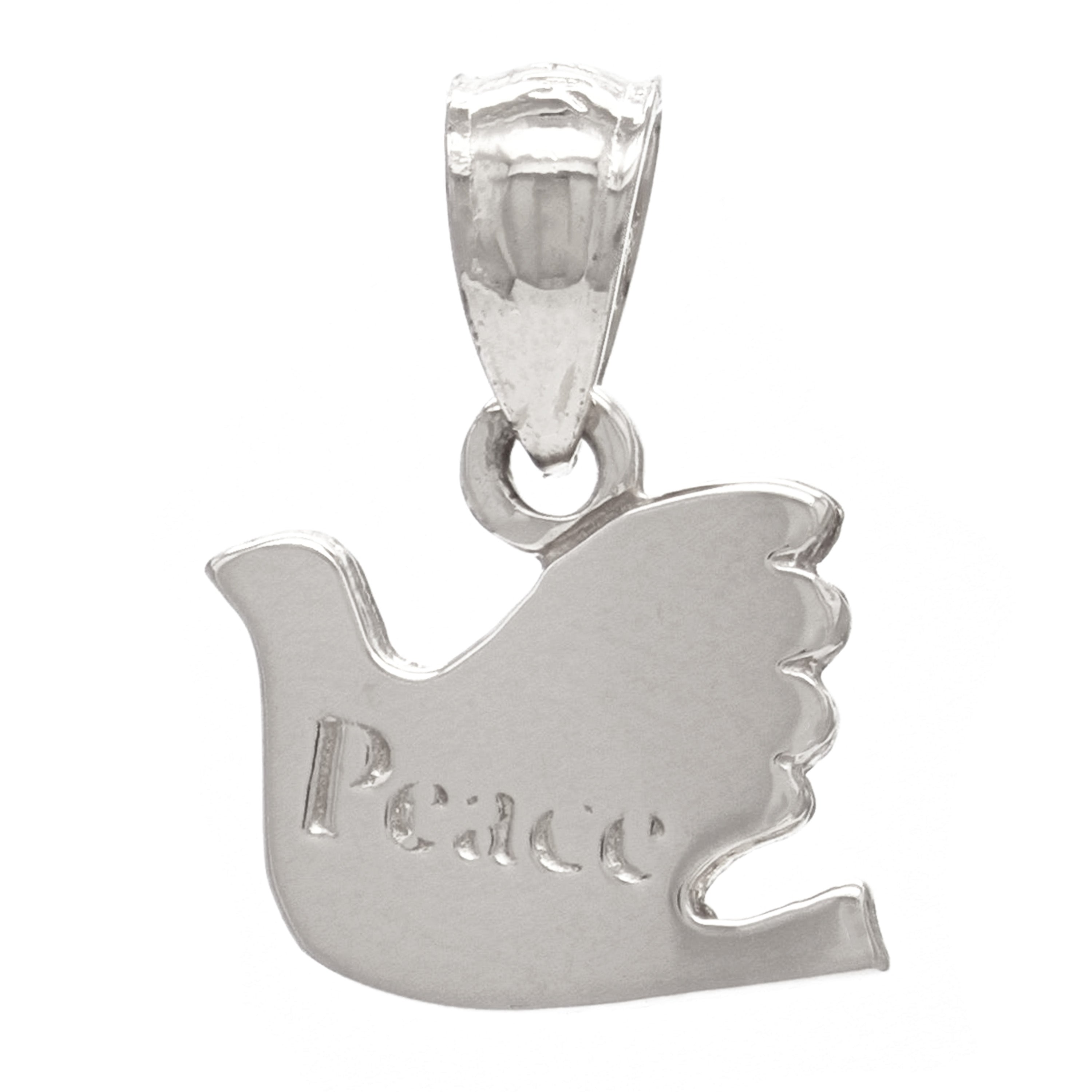 14k White Gold "Peace" Modern Dove Artisan Charm Pendant - White