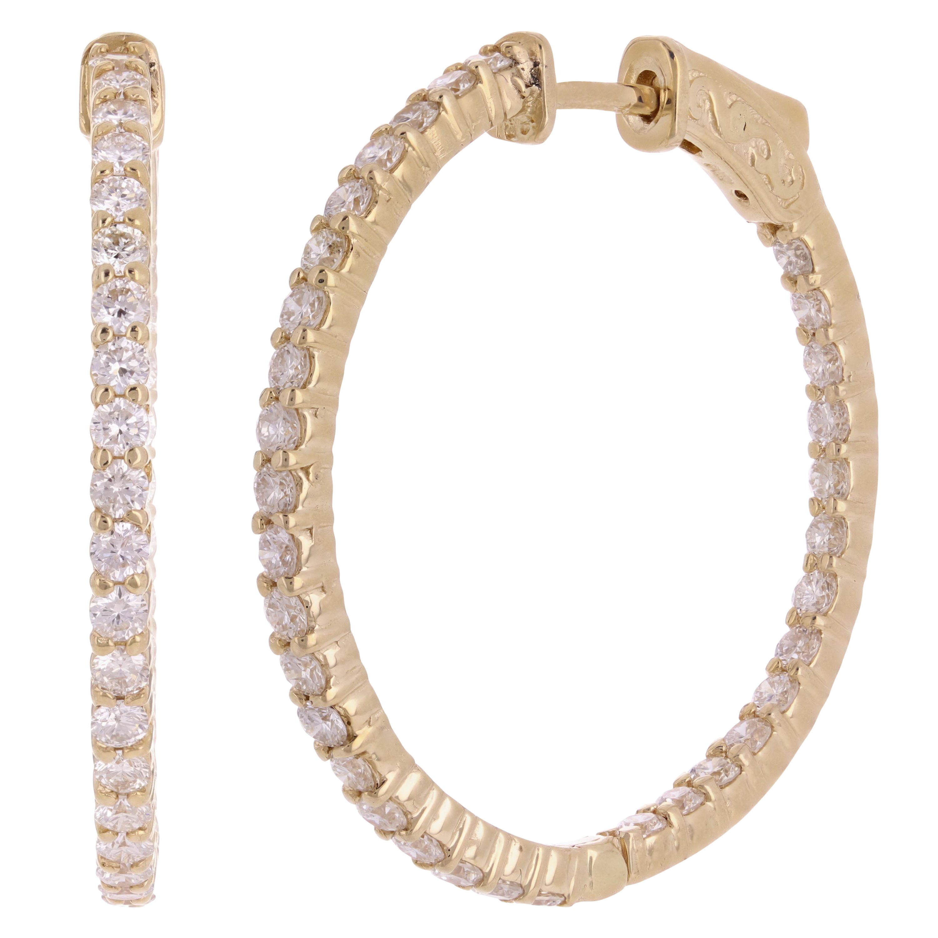 14k Yellow Gold 2ctw Diamond Inside Out Slim Round Hoop Earrings
