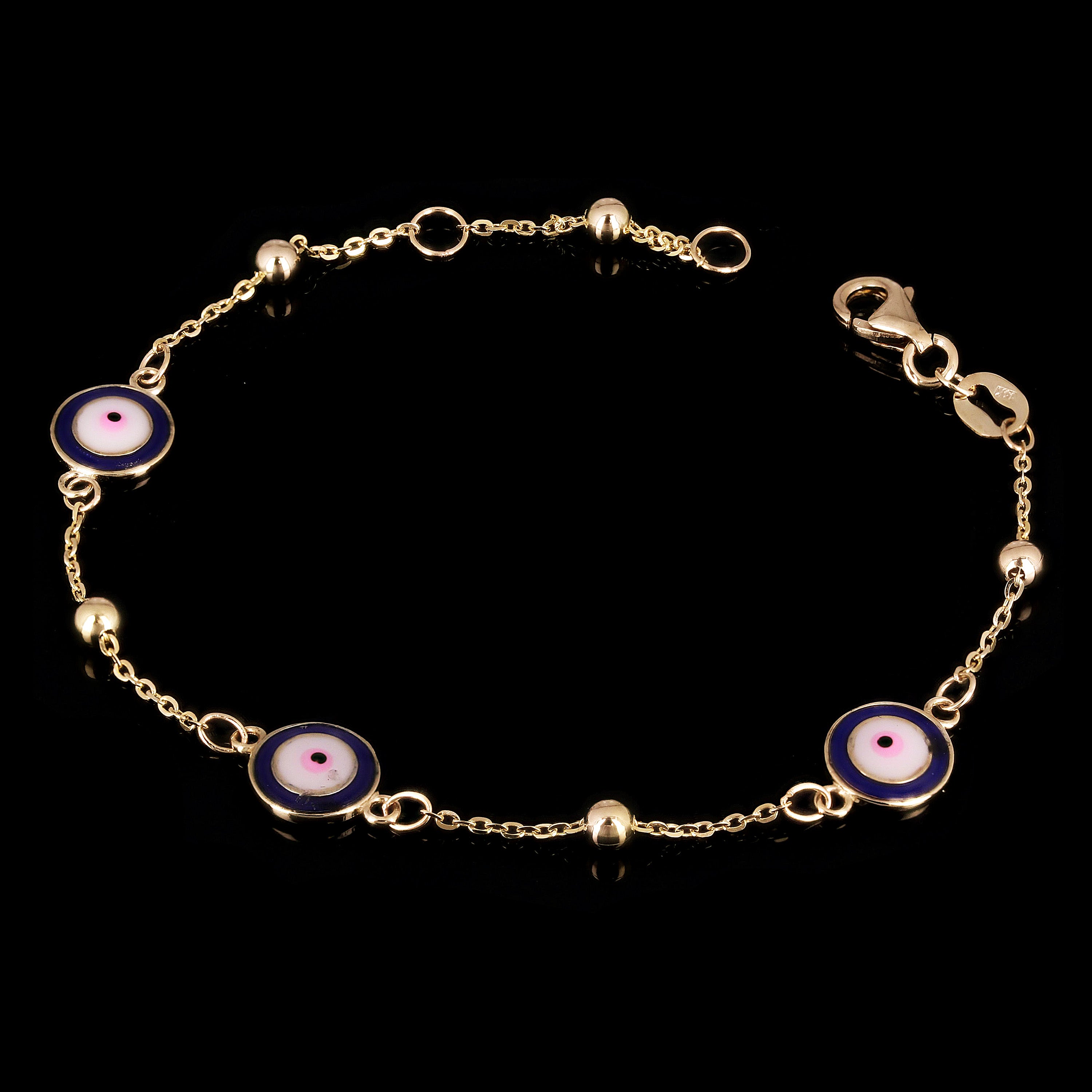 Italian 14k Yellow Gold Enamel Evil Eye Station Bracelet 7" 2.5 grams - 3 Round Dark Blue Eyes