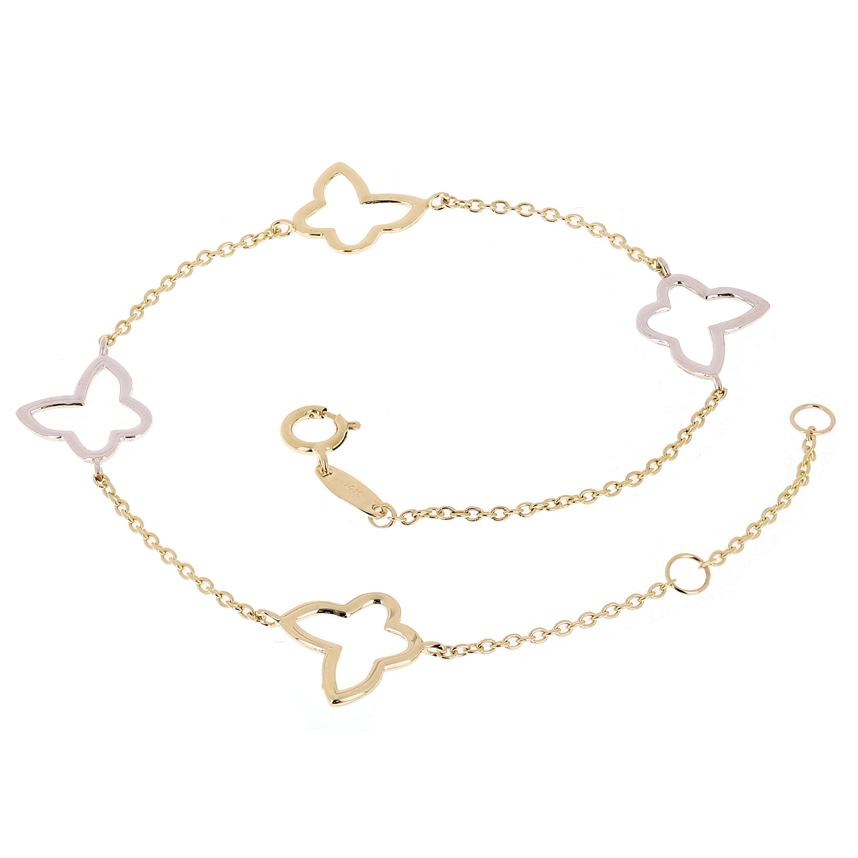 Italian 14k Yellow & White Gold Butterfly Link Charm Bracelet 7.5" 1.5 grams