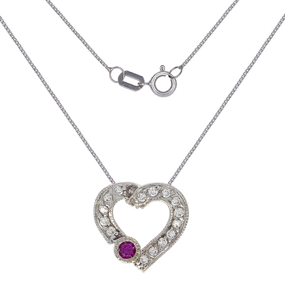 Italian 14k White Gold 0.21ctw Ruby & Diamond Heart Pendant Necklace 18