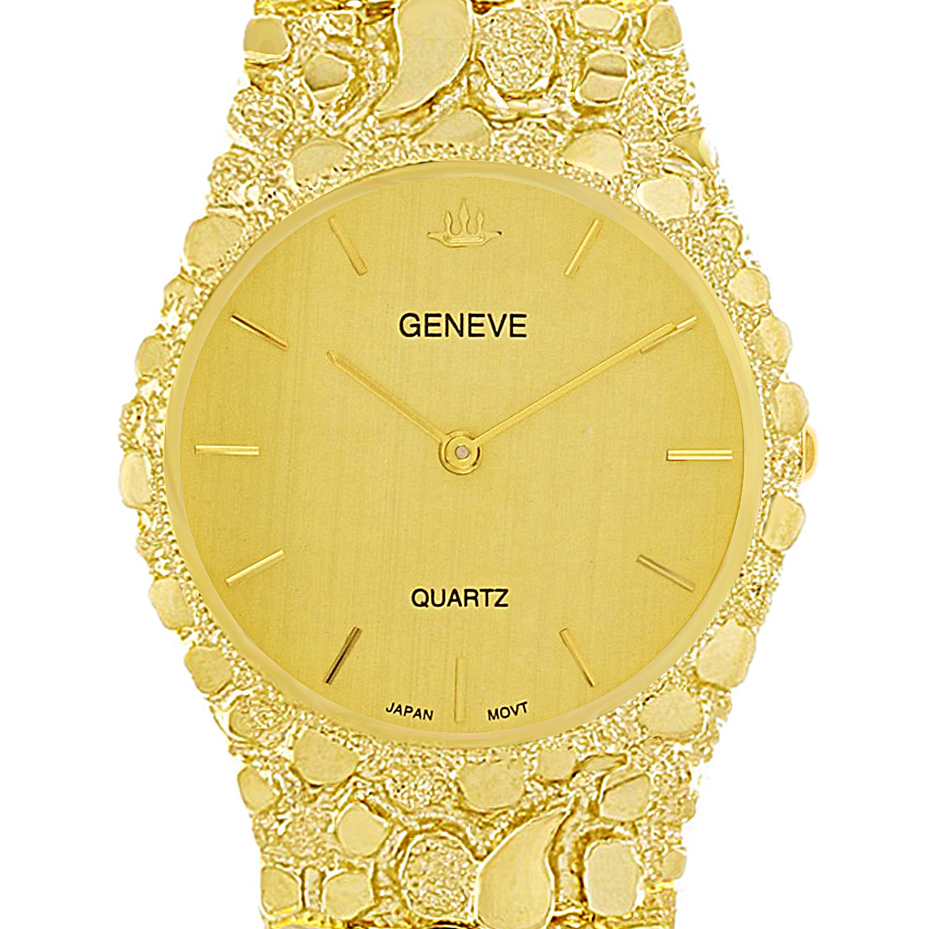 10k Yellow Gold Nugget Link Geneve Wrist Watch with Diamond 8.5-9" 57g
