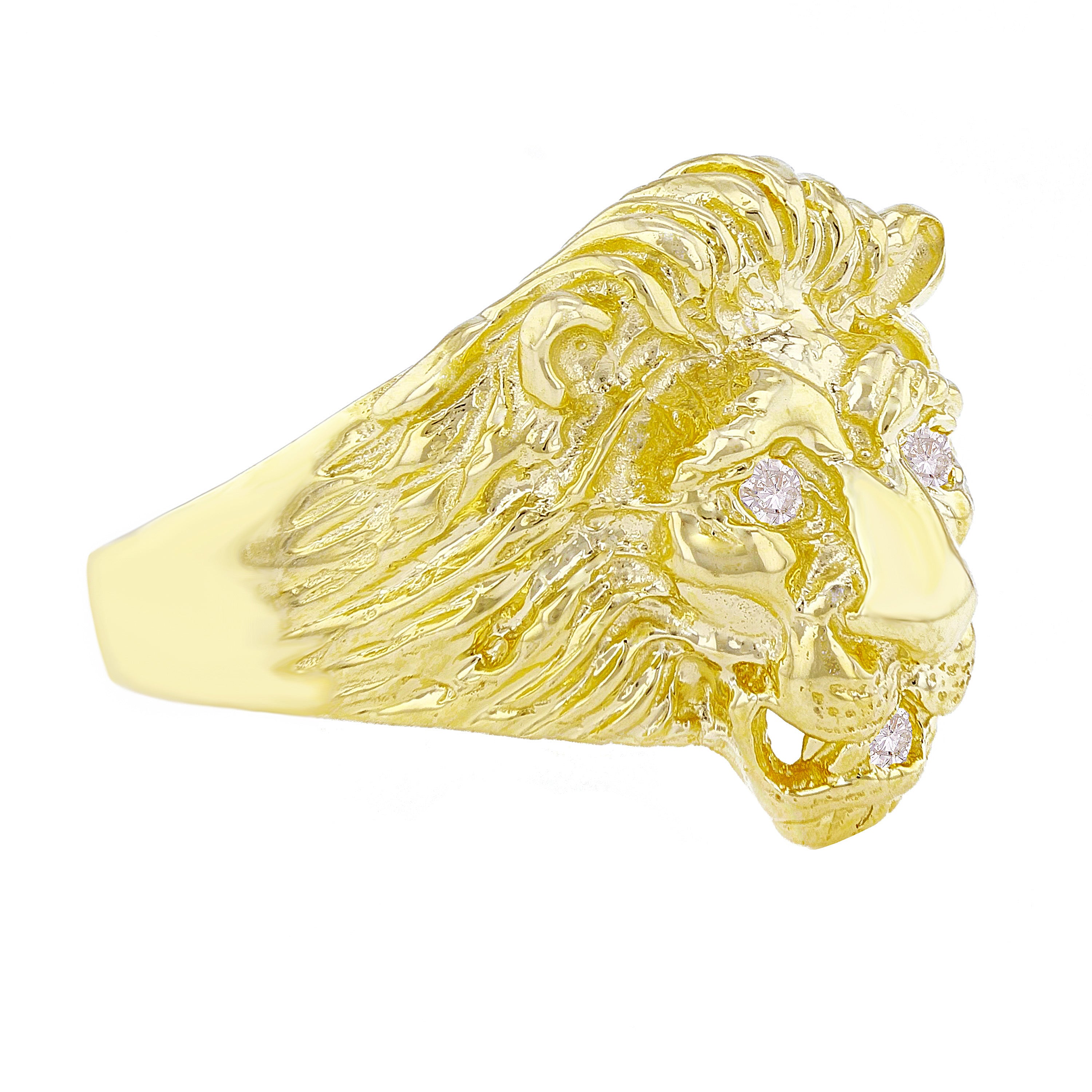 14k Yellow Gold Lion Head w/ Diamond Eyes & Mouth Ring Size 7 - Ring Size 7
