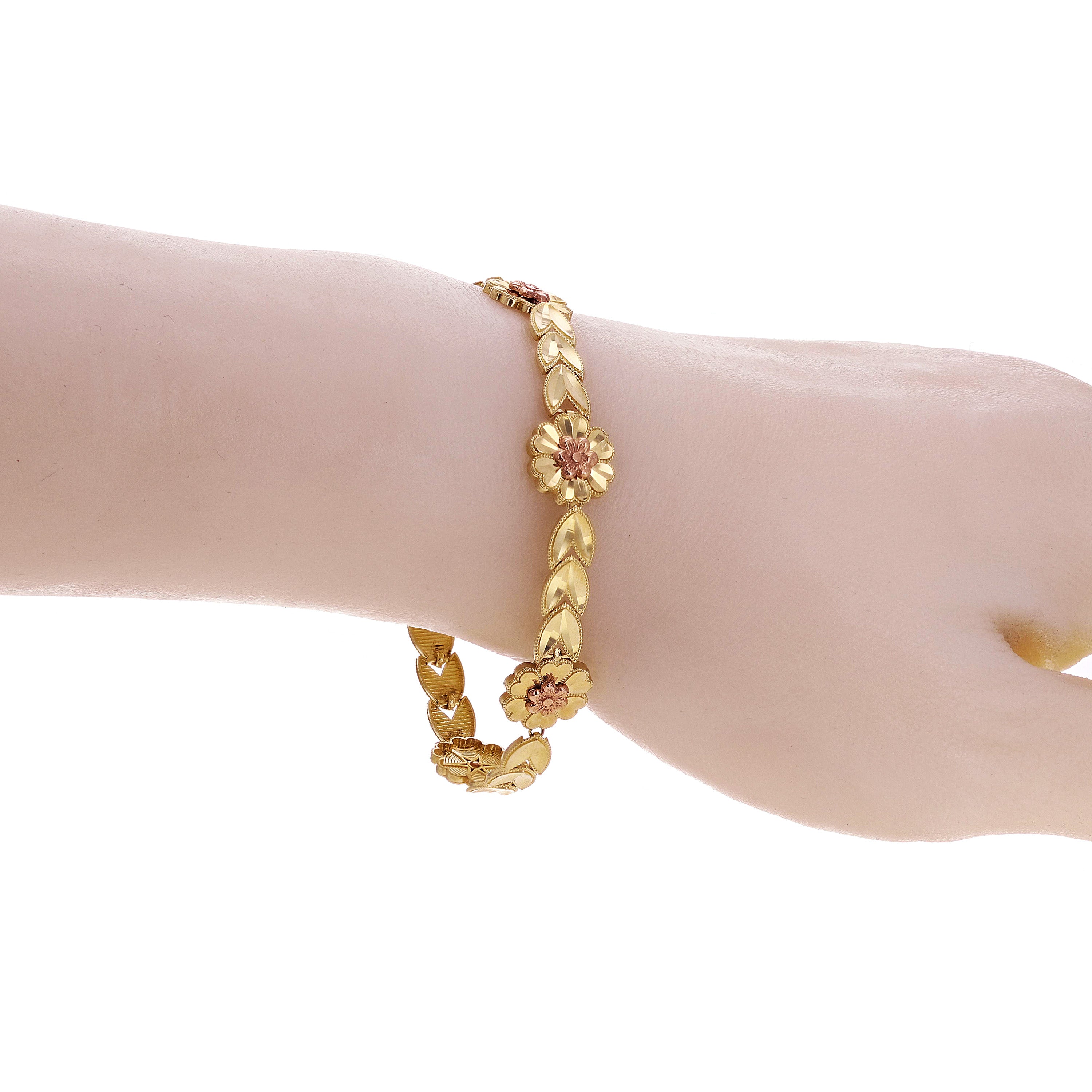 14k Two-Tone Gold V Shape Leaf Link & Flowers 17" Necklace & 7.5" Bracelet Set