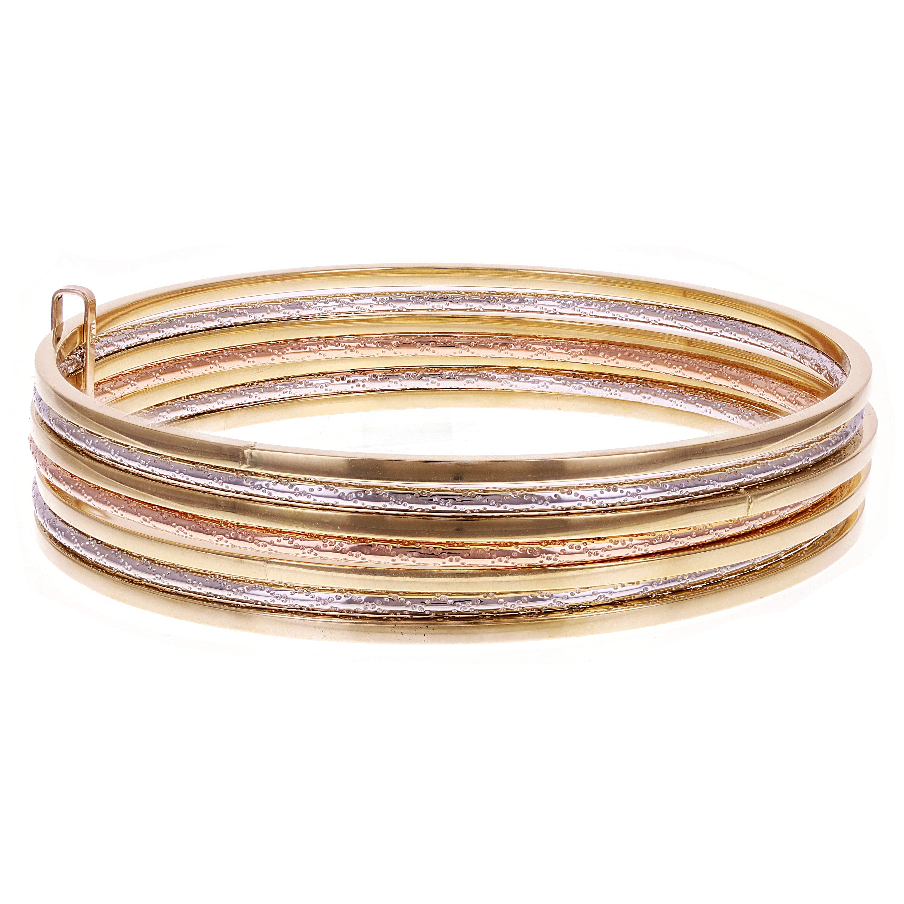 Italian 14k Tri-Color Gold Square Plain & Textured 7 Days Bangle Bracelet Set 8"