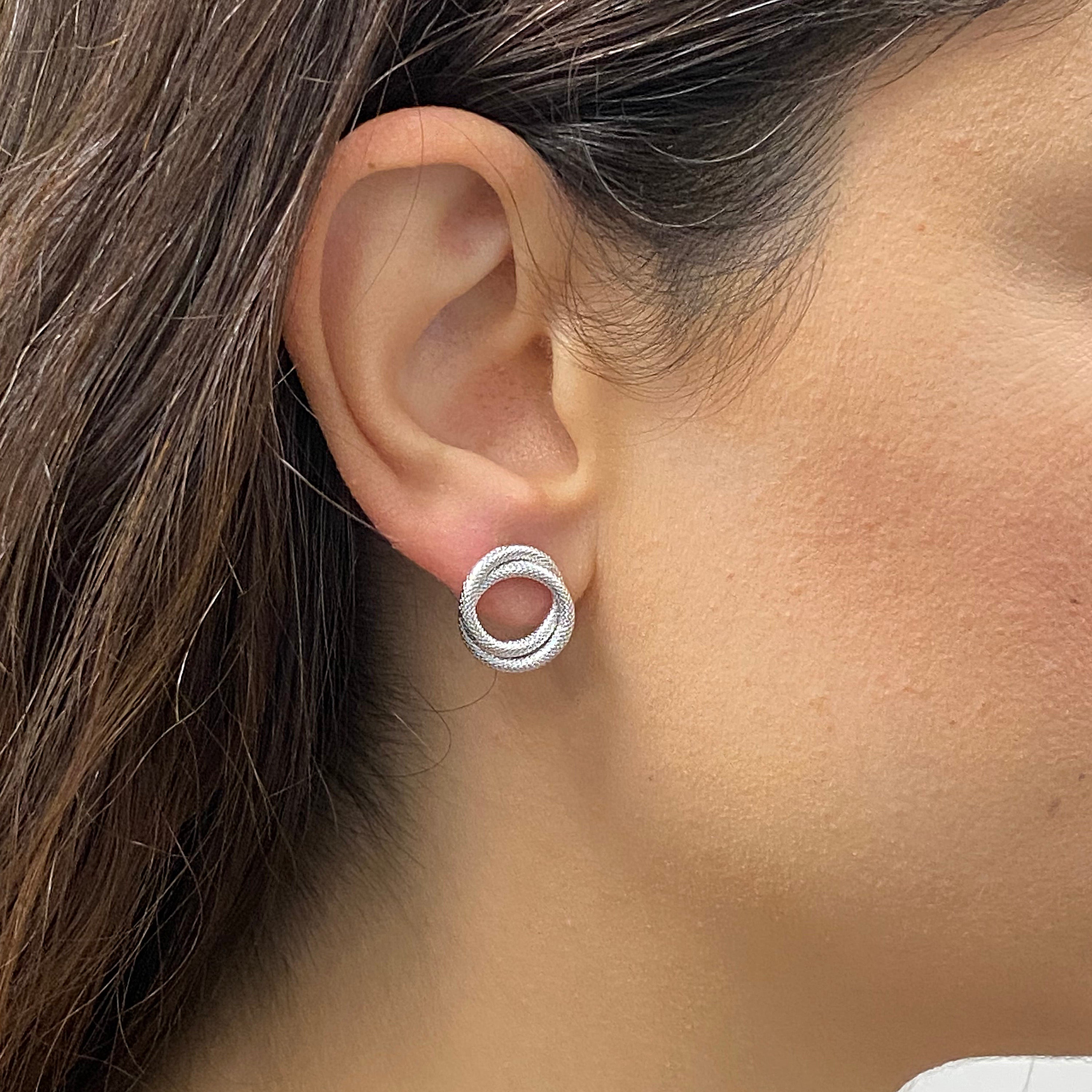 Italian 14k White Gold Braided Rope Tube Eternity Circle Love Knot Stud Earrings - White Double Circle