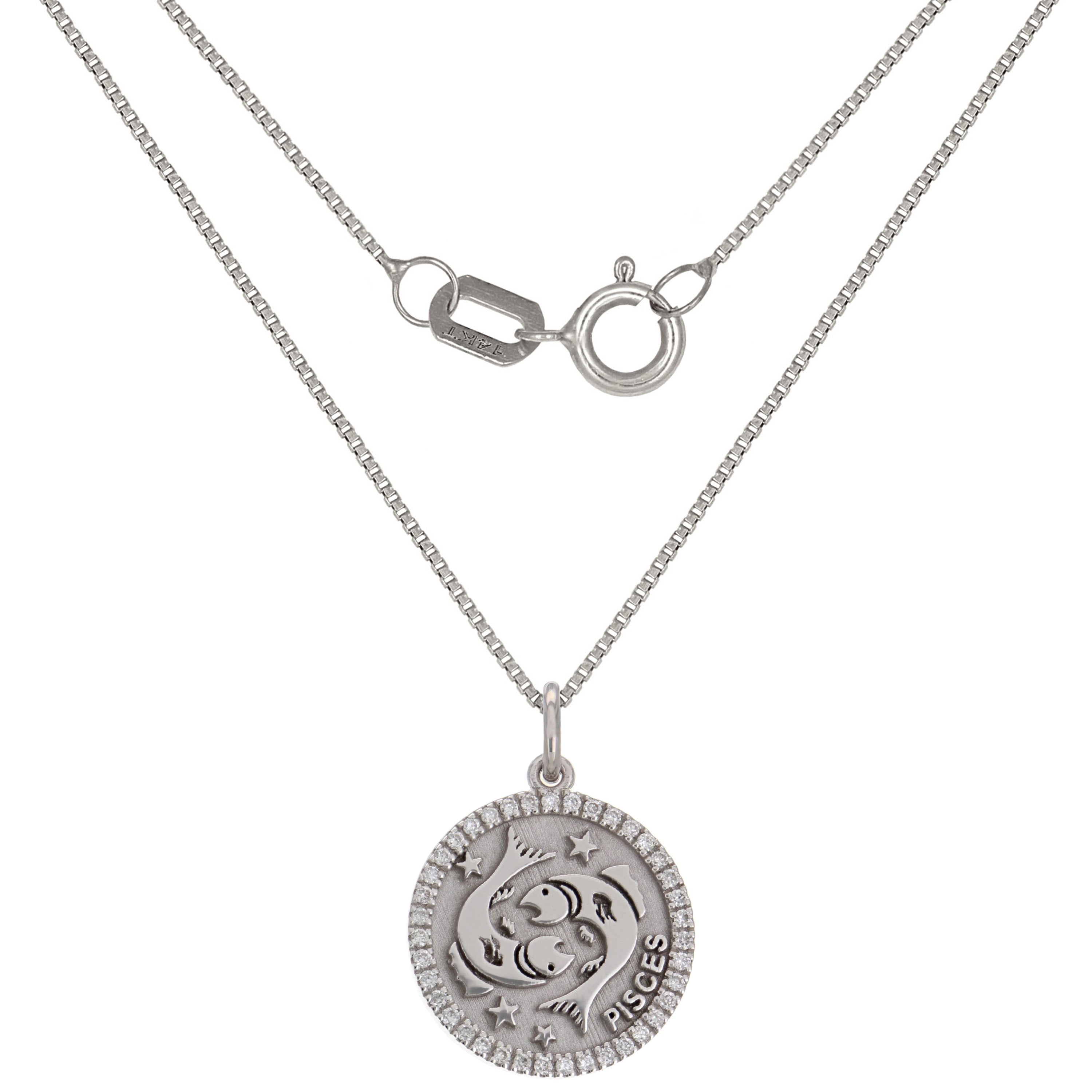 14k White Gold Diamond Zodiac Sign Pisces Pendant Necklace 18" - Pisces,White