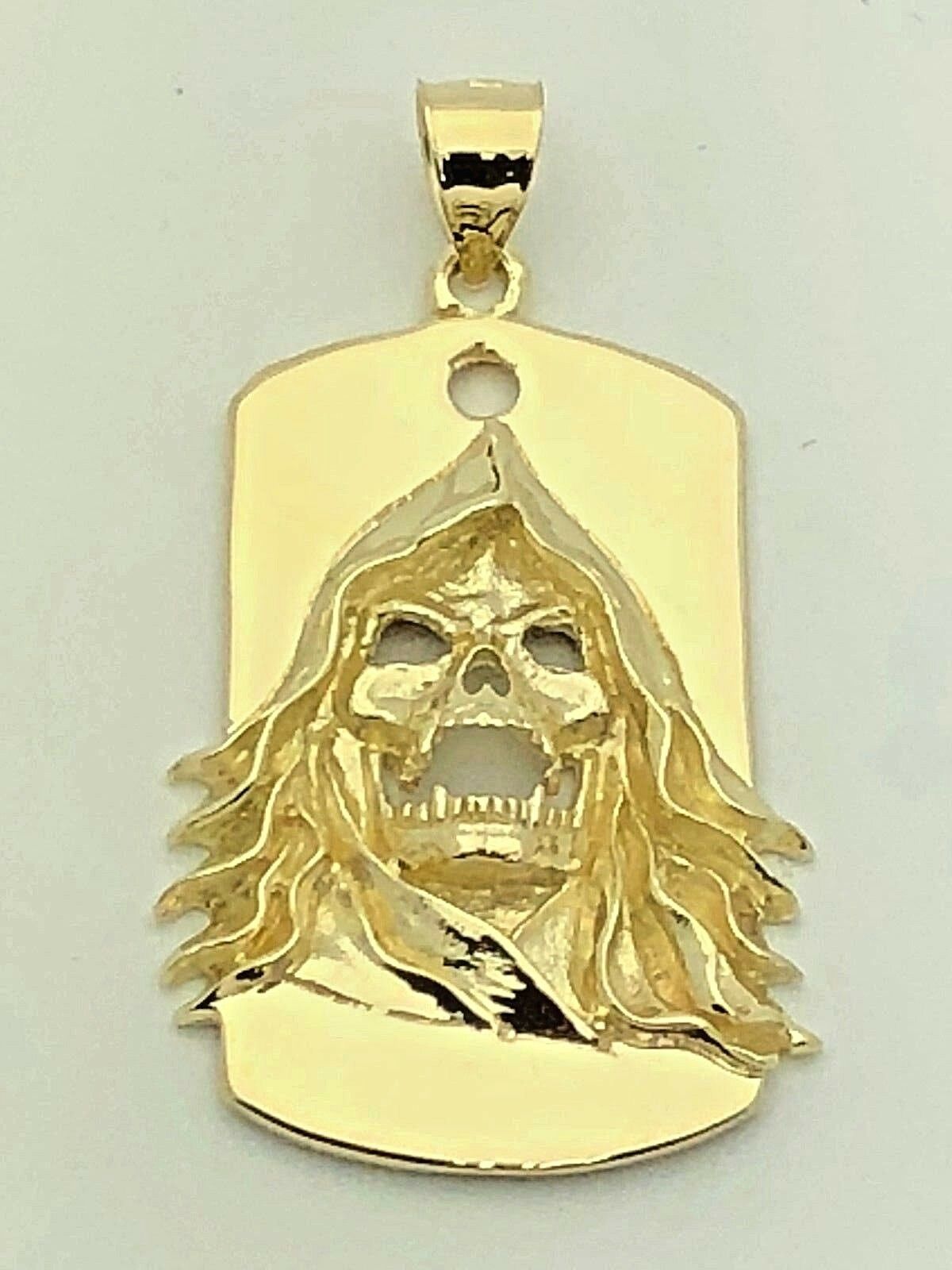 14k Yellow Gold Biker Punk Gothic Skull Face Dog Tag Pendant 13.5g