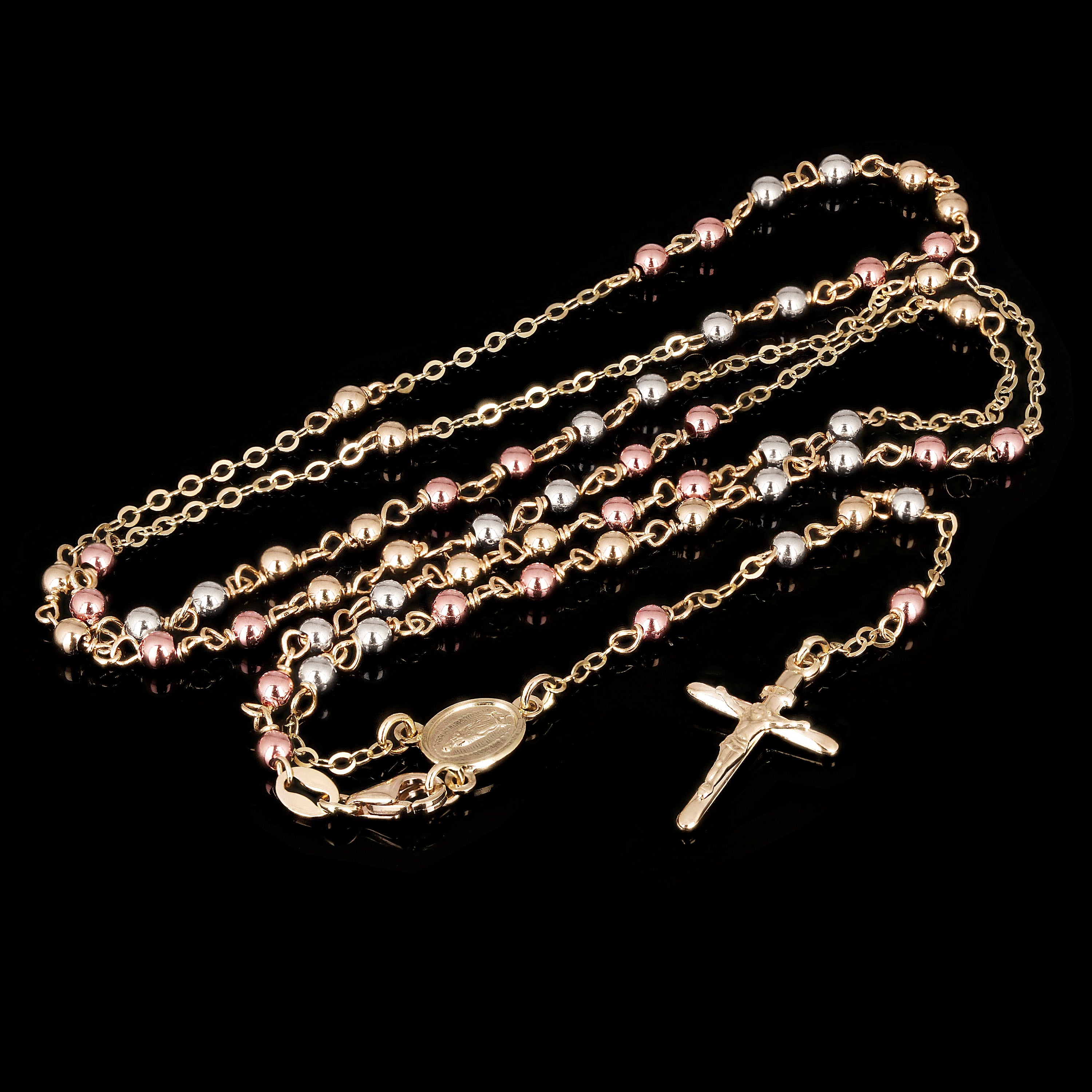 Italian 14k Tri Color Gold Miraculous Medal Rosary Necklace 26" 4mm 9 grams