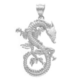 10k White Gold Solid Detailed 3D Good Luck Dragon Pendant - White