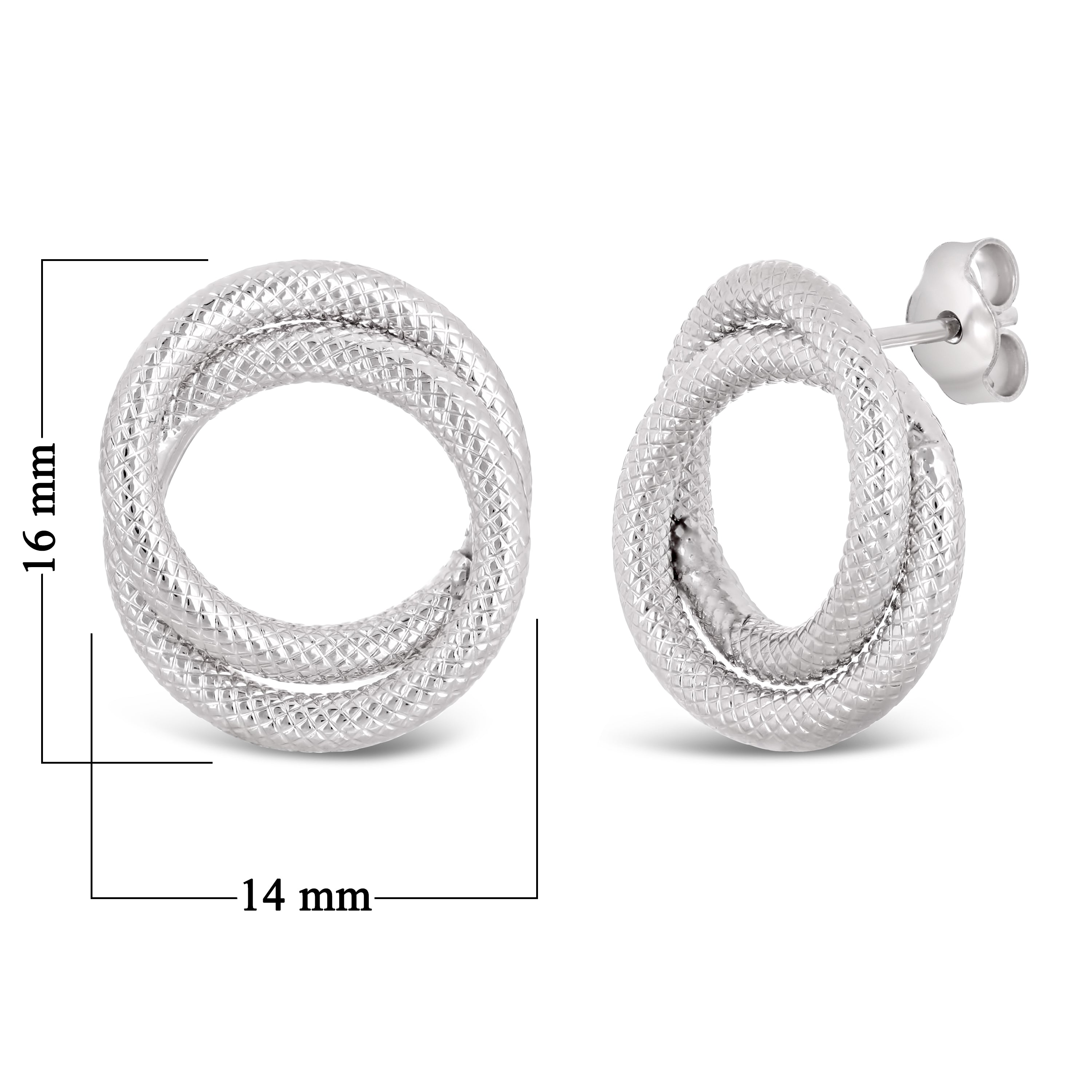 Italian 14k White Gold Braided Rope Tube Eternity Circle Love Knot Stud Earrings - White Double Circle