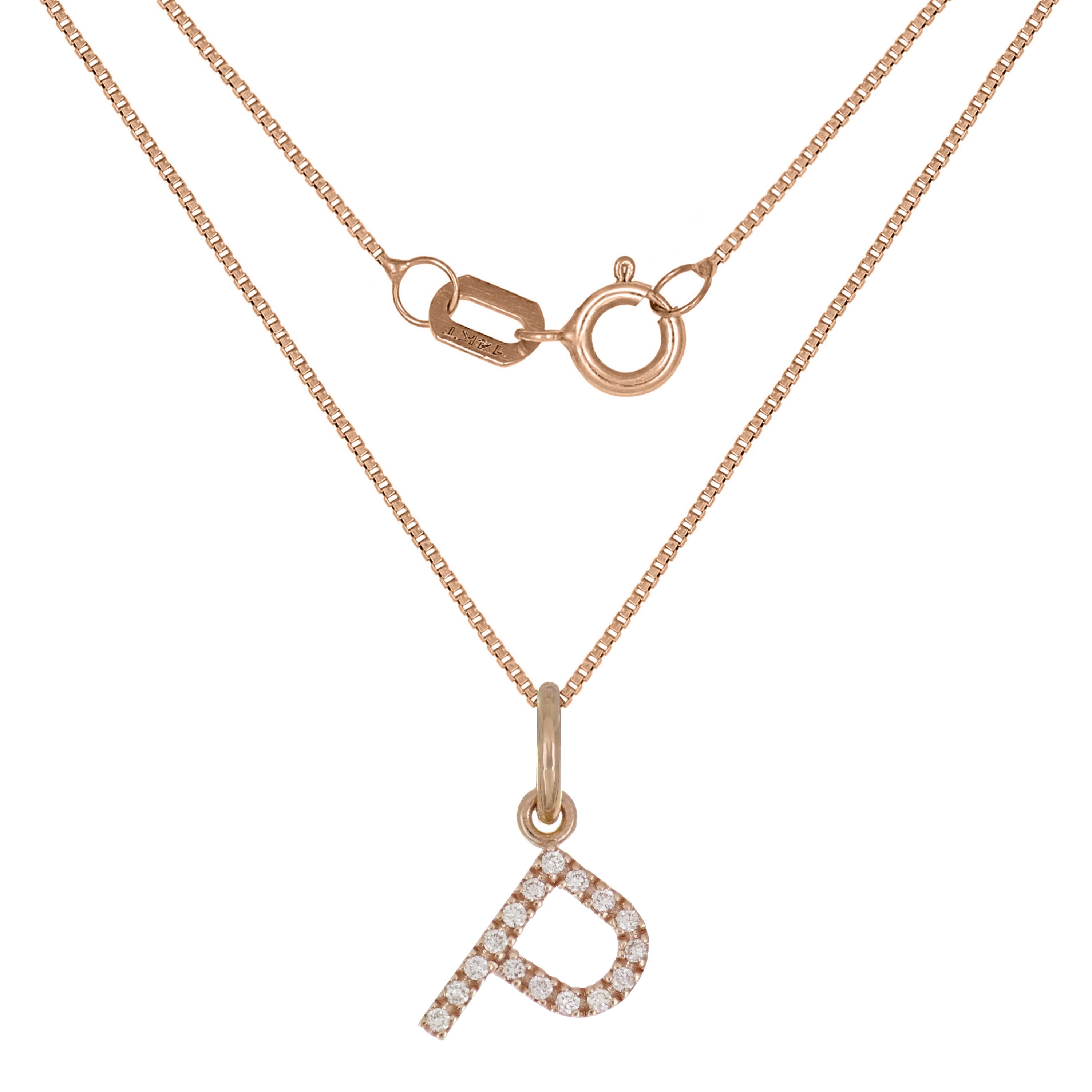 14k Rose Gold Diamond Initial Letter P Charm Pendant Necklace 18" - Letter P,Rose