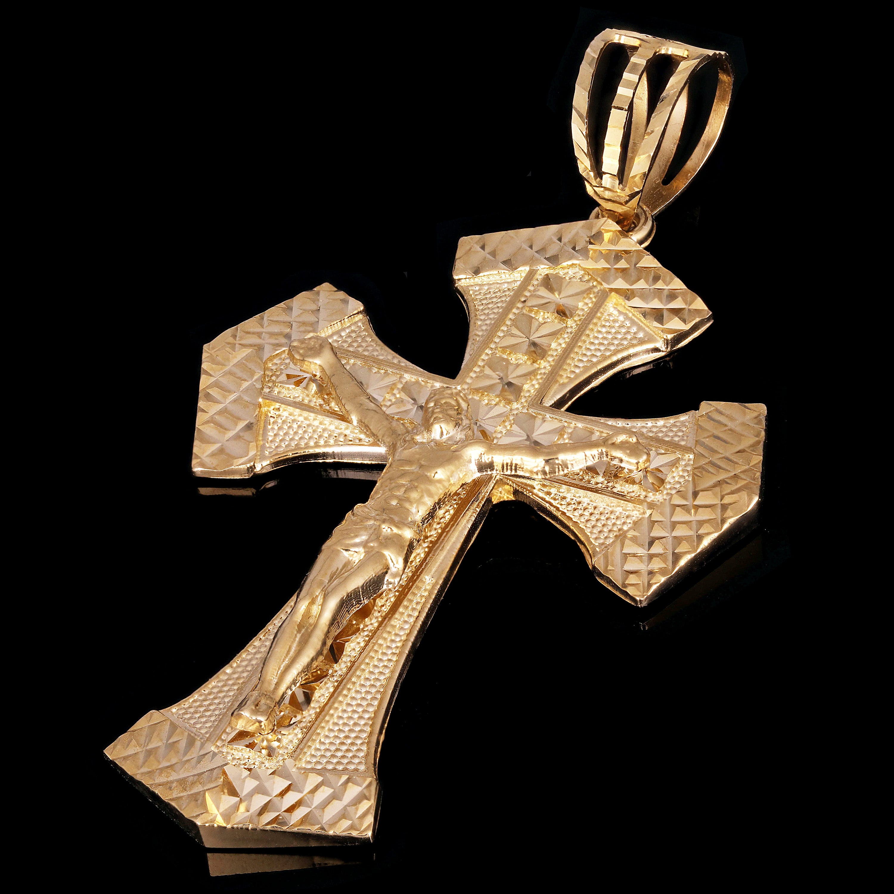 14k Yellow Gold Religious INRI Jesus Christ 3D Big Cross Pendant 3.2" 21.2 grams