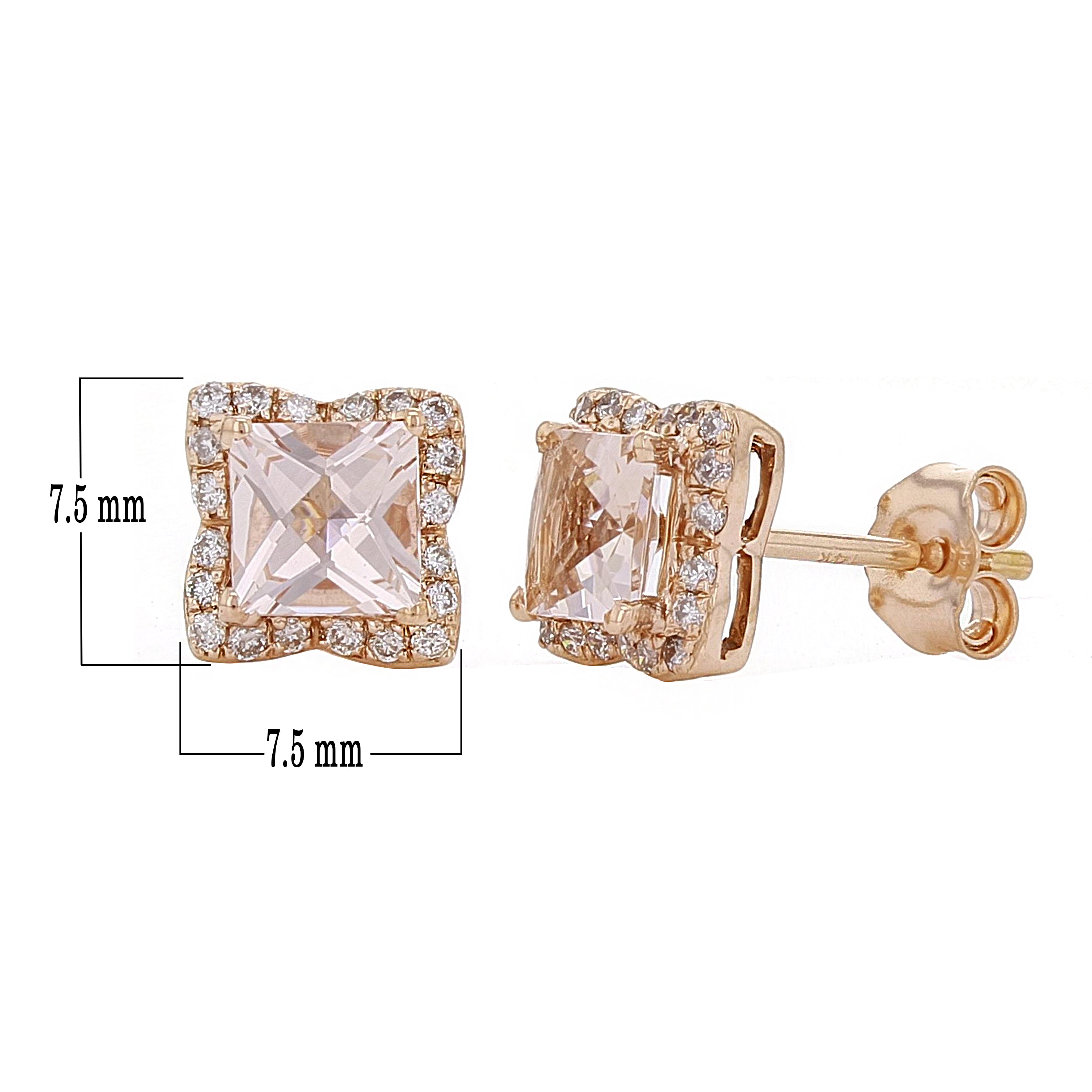 14k Rose Gold 0.20ctw Morganite & Diamond Vintage Halo Square Stud Earrings