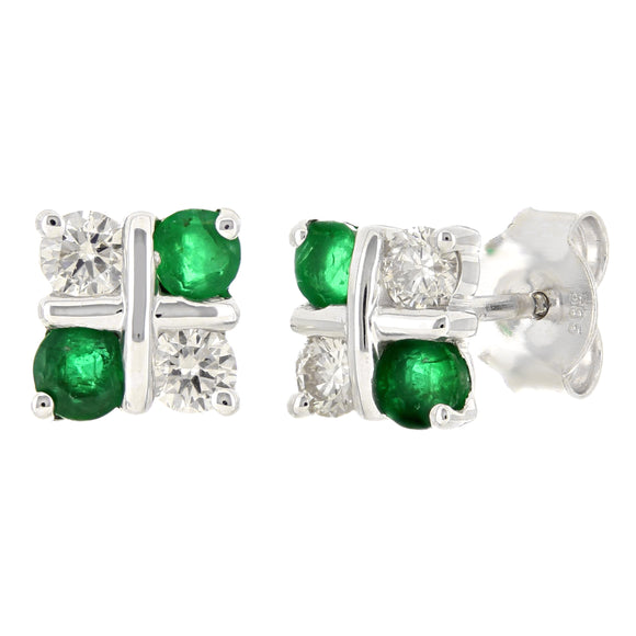 14k White Gold 0.32ctw Emerald & Diamond XOXO Square Stud Earrings - Emerald