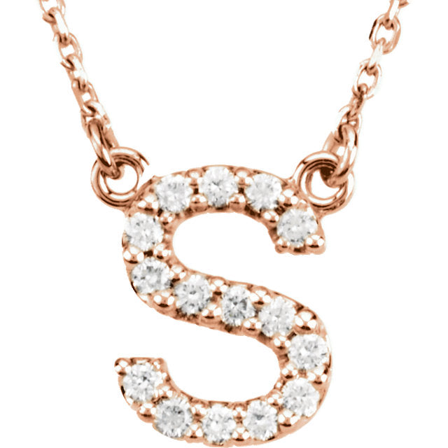 14k Rose Gold Diamond Initial Letter S Alphabet Rolo Pendant Necklace 18" - Letter S,Rose
