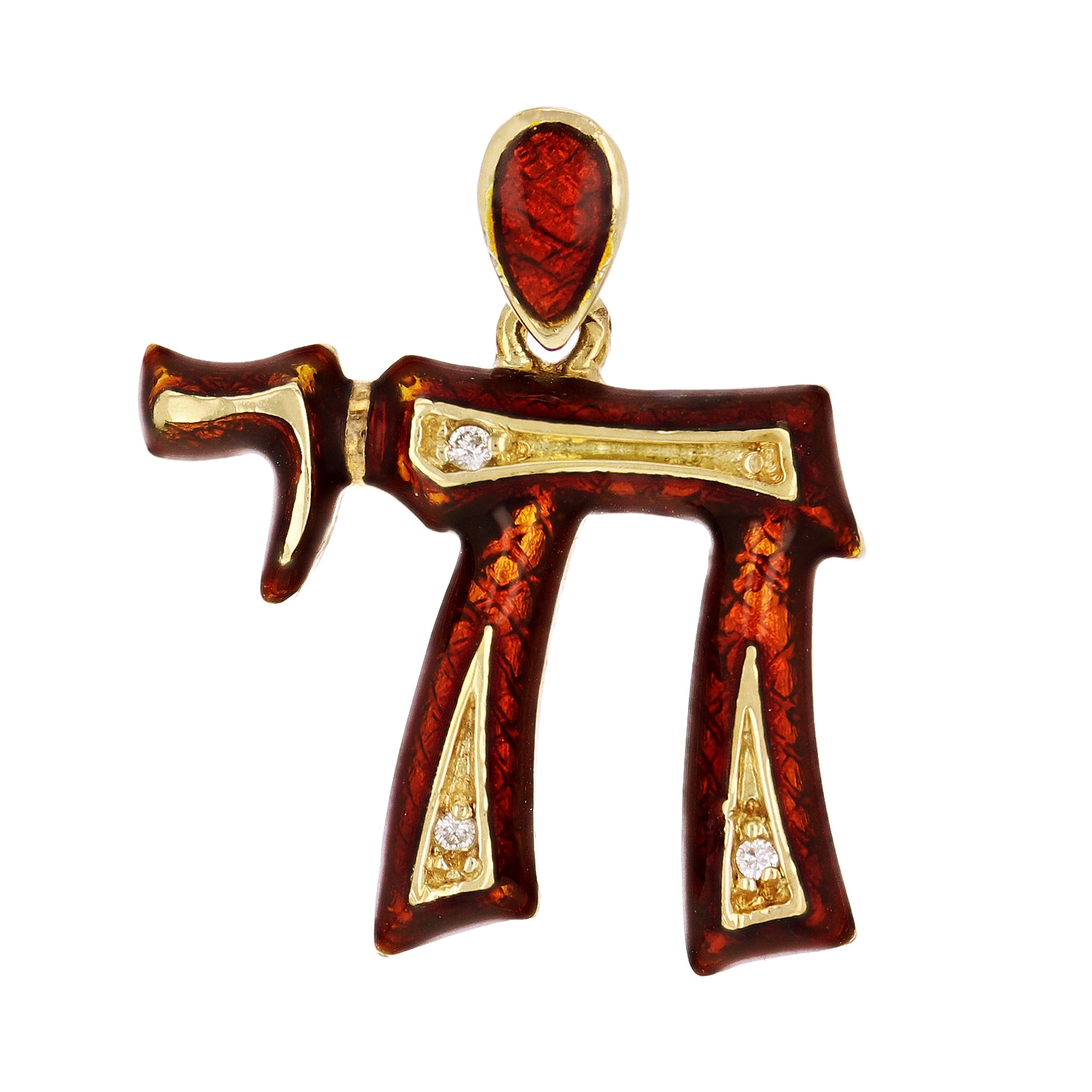 14k Yellow Gold Red Enamel Hebrew Jewish Chai Symbol Life Diamond Pendant - Red