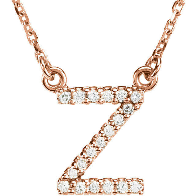 14k Rose Gold Diamond Initial Letter Z Alphabet Rolo Pendant Necklace 18" - Letter Z,Rose
