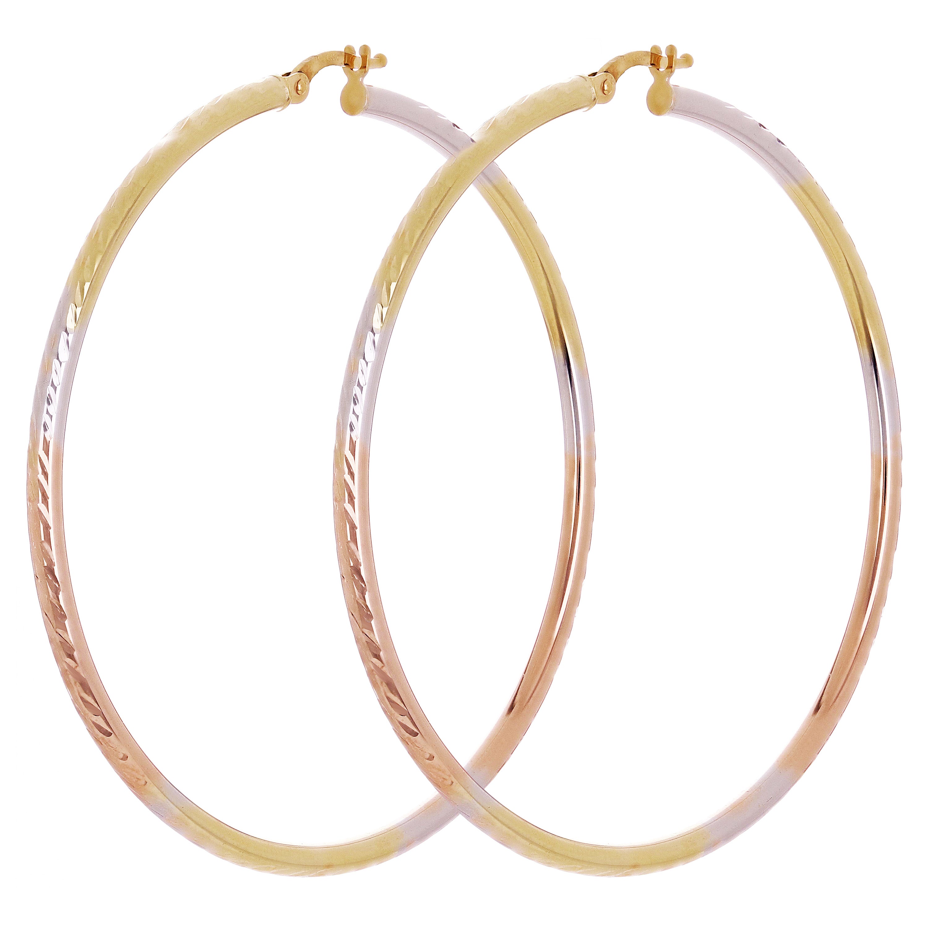 14k Tri Color Gold Diamond Cut Round Hoop Earrings 2.3" 2.5mm 3.6 grams