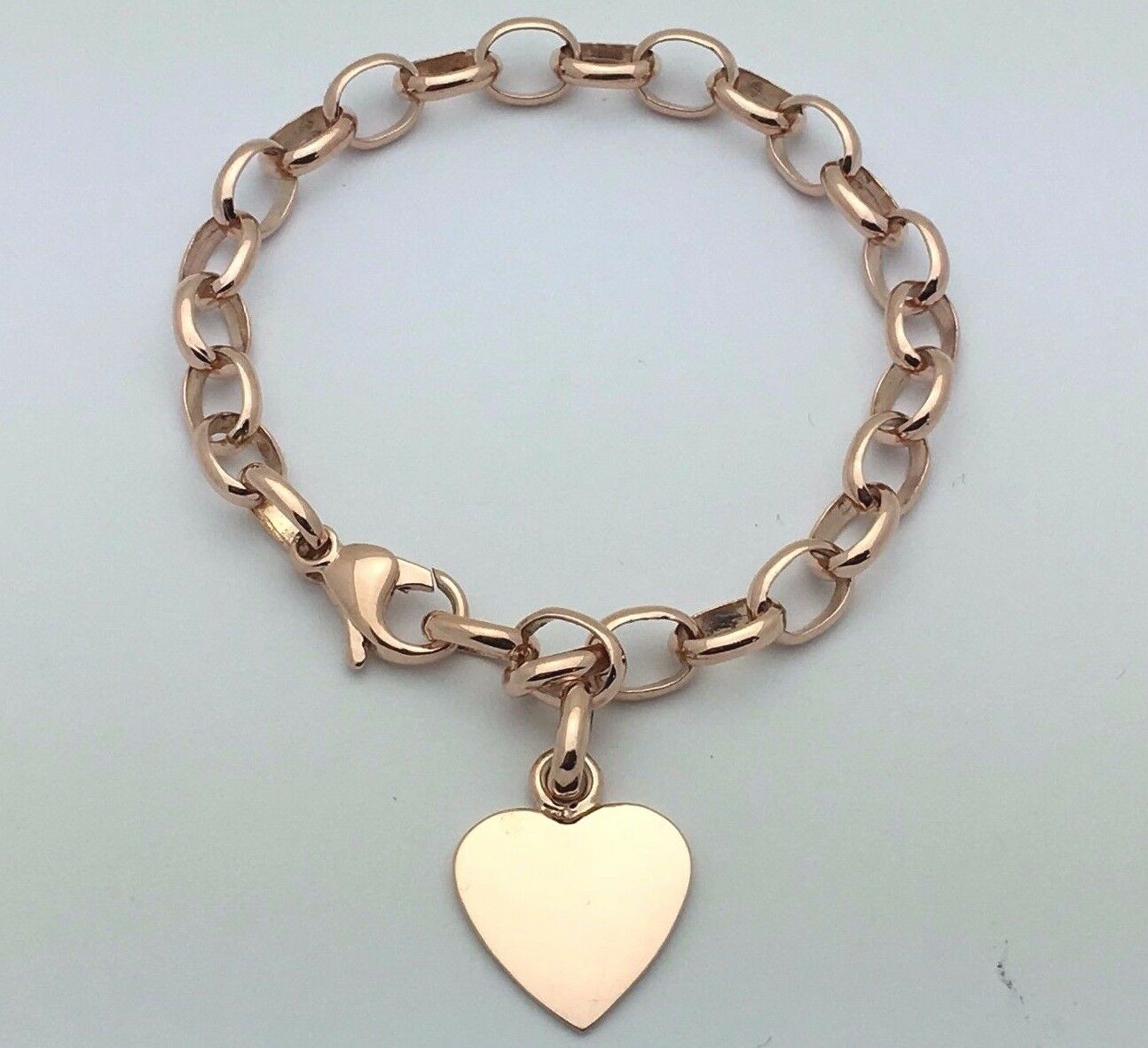 14k Rose Gold Oval Rolo Link Chain Heart Charm Bracelet 8.5" 19 grams