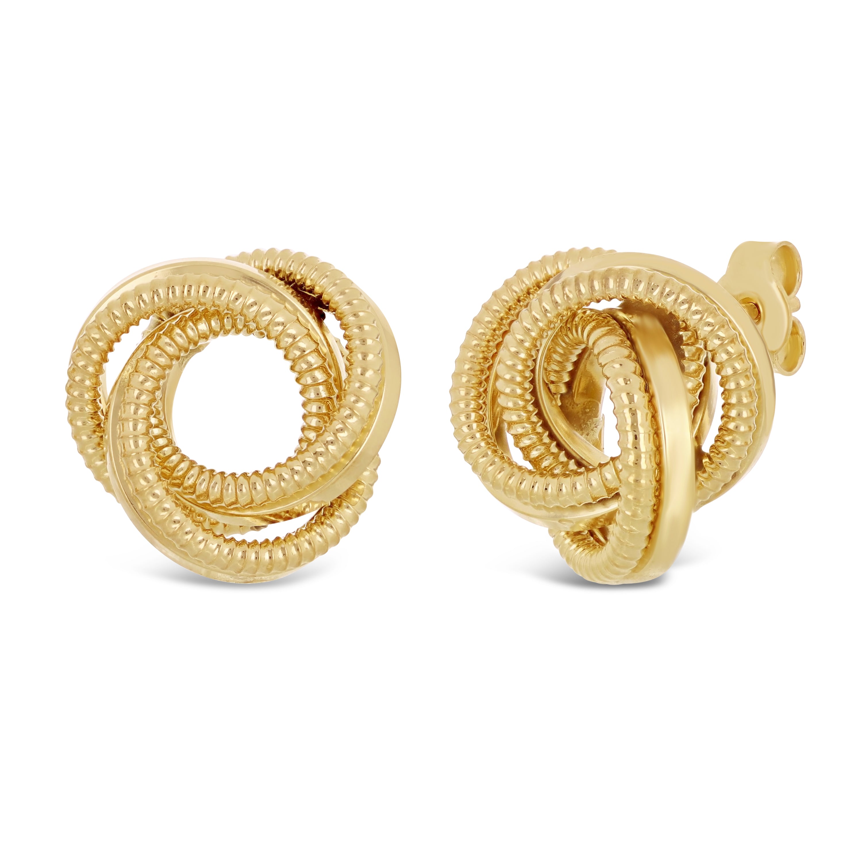 Italian 14k Yellow Gold Triple Love Knot Eternity Circle Rope Stud Earrings - Triple Textured