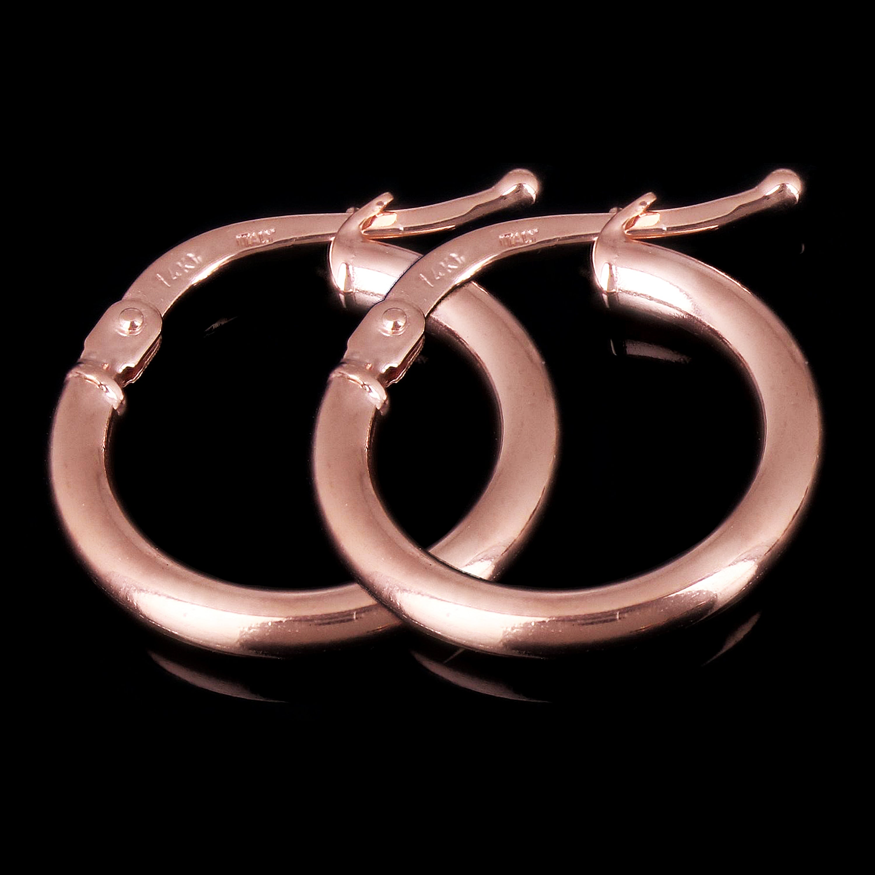 Italian 14k Rose Gold High Polished Plain Hollow Hoop Earrings 15.4 x 2mm 1 gram - Rose,Size 0.5" 1 grams