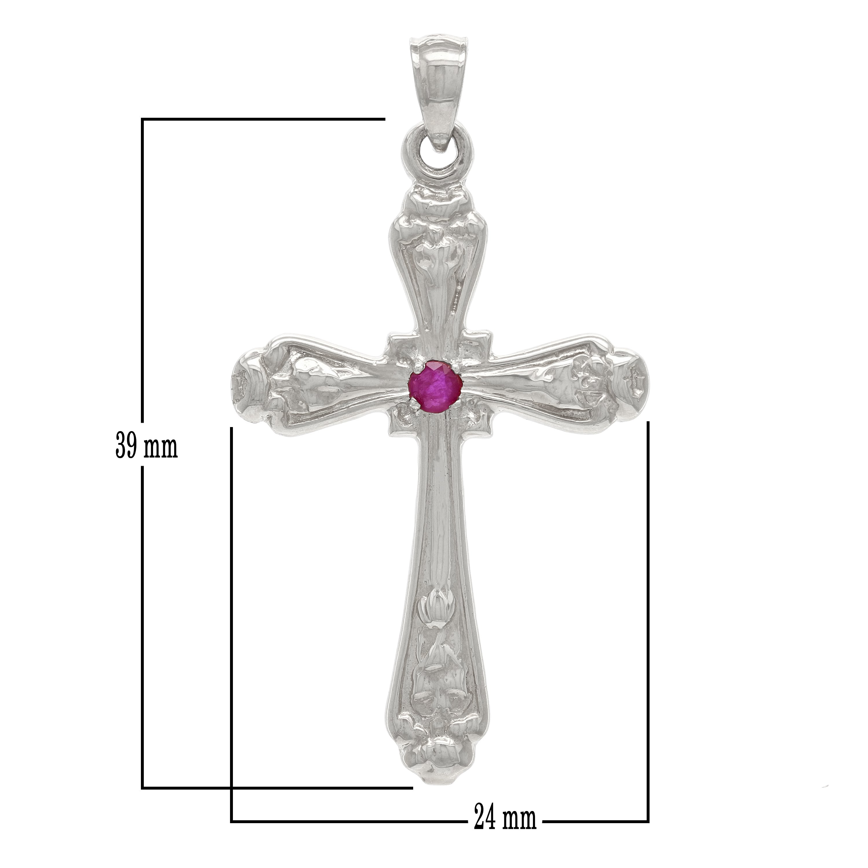 14k White Gold Ruby Gemstone Religious Cross Charm Pendant 5.4 grams - White