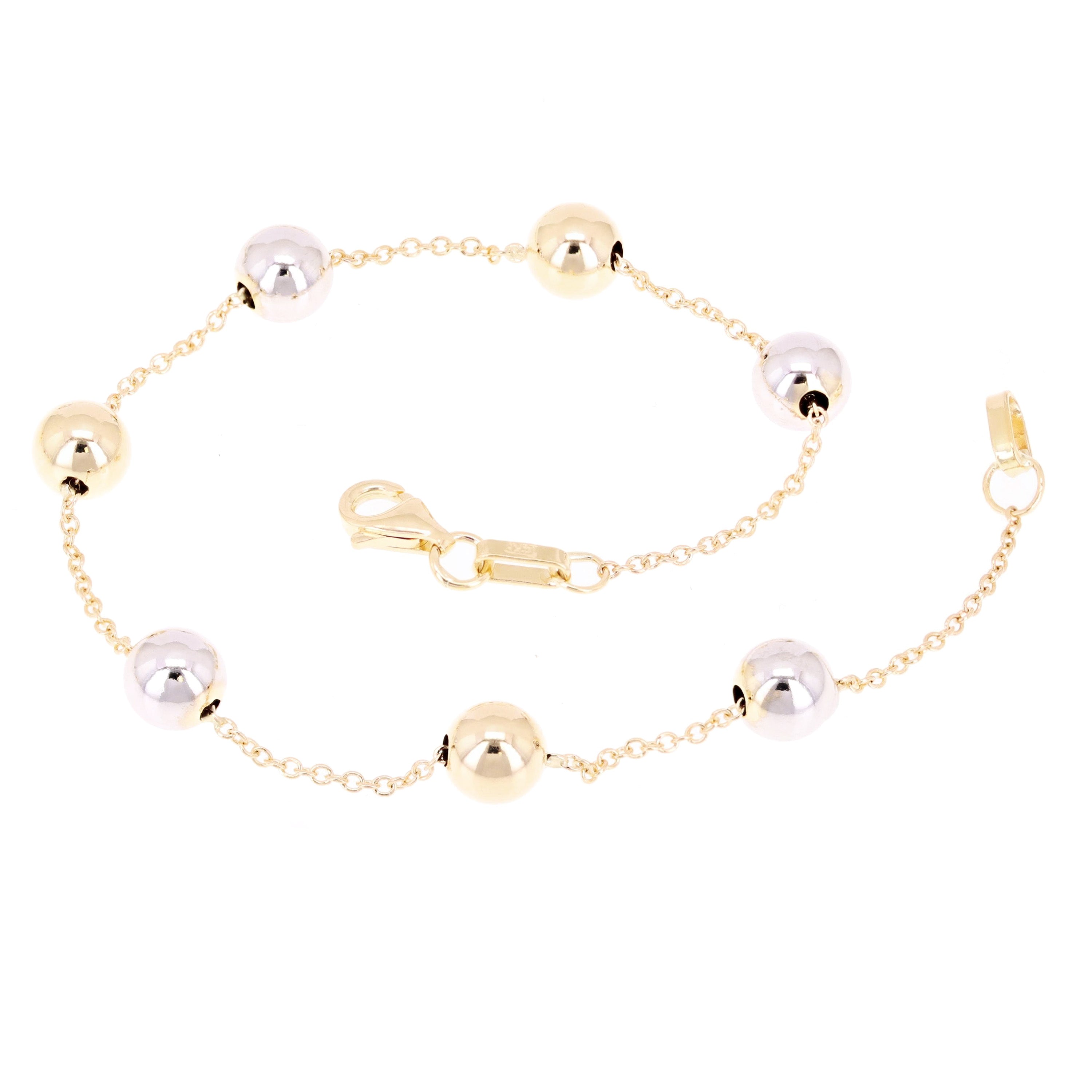 Italian 14k Yellow & White Gold Ball Bead Station Bracelet 7.5" 6mm 2.2 grams