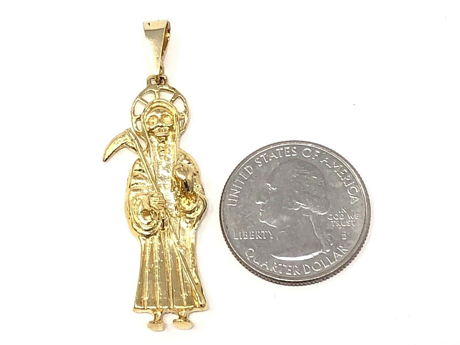 14k Yellow Gold Solid Santa Muerte Grim Reaper Angel of Death Charm Pendant 7g