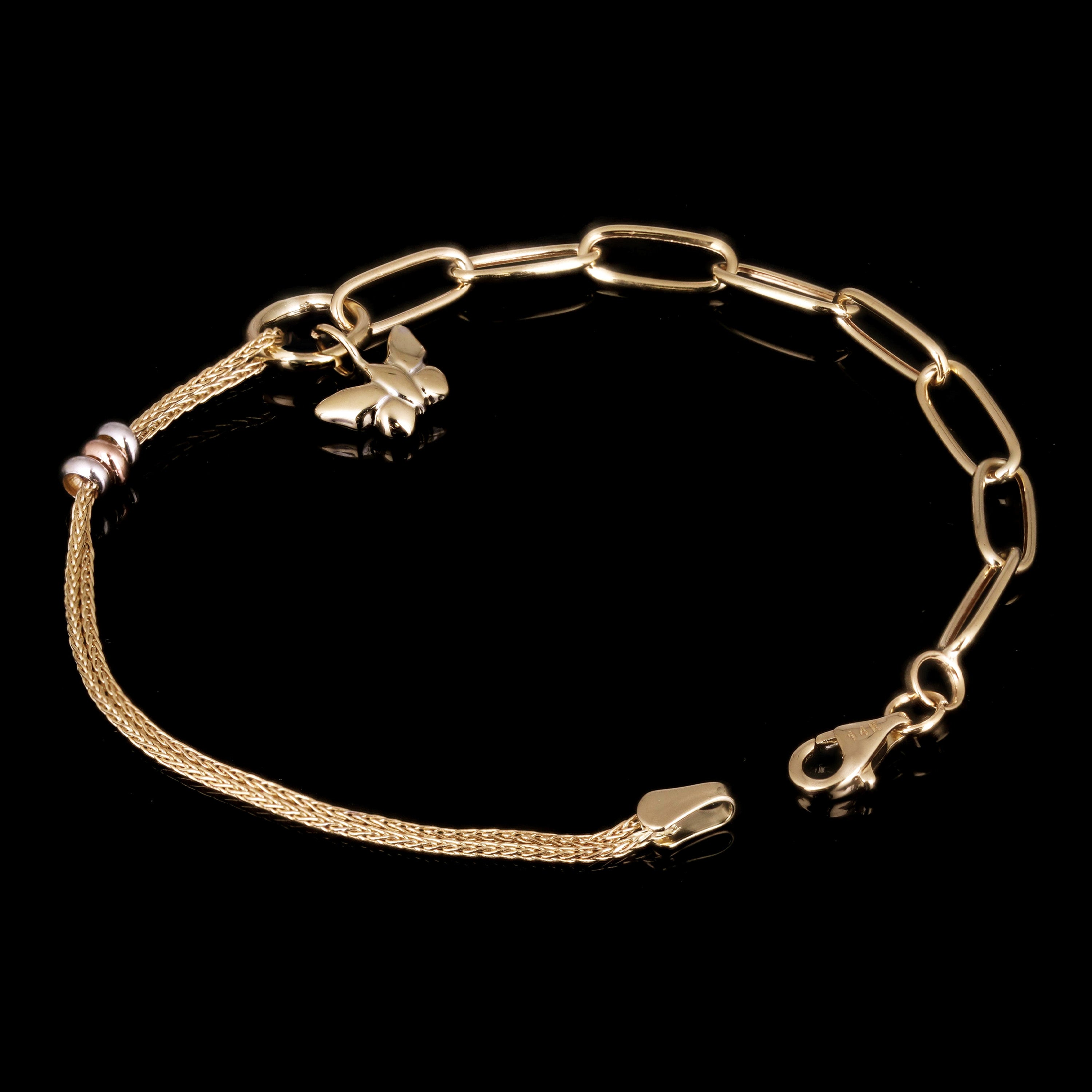 Italian 14k Tri-Color Gold Butterfly Charm Bracelet 7.5" 3 grams