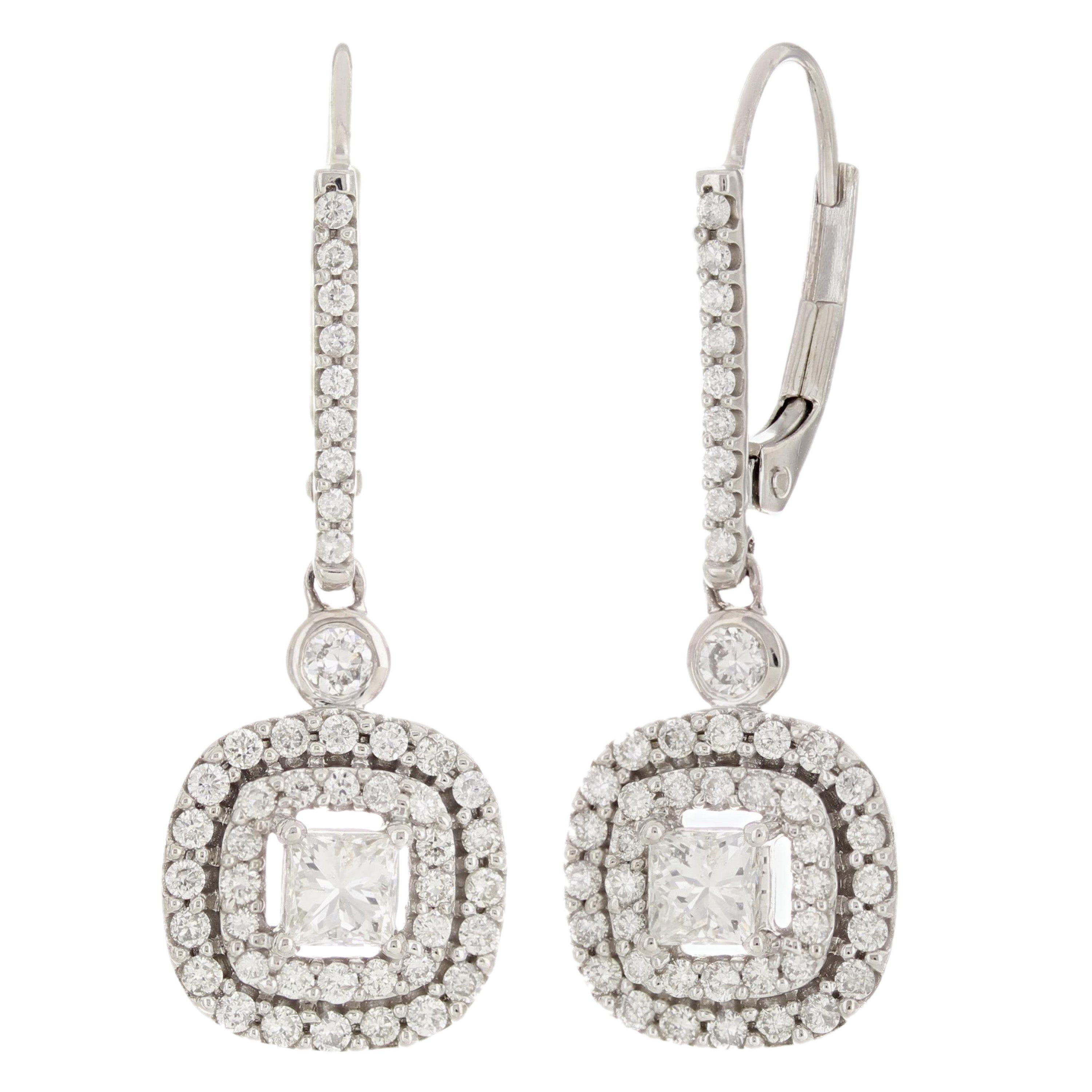 10k White Gold Double Halo Diamond Lever Back Drop Dangle Earrings 1.00CT