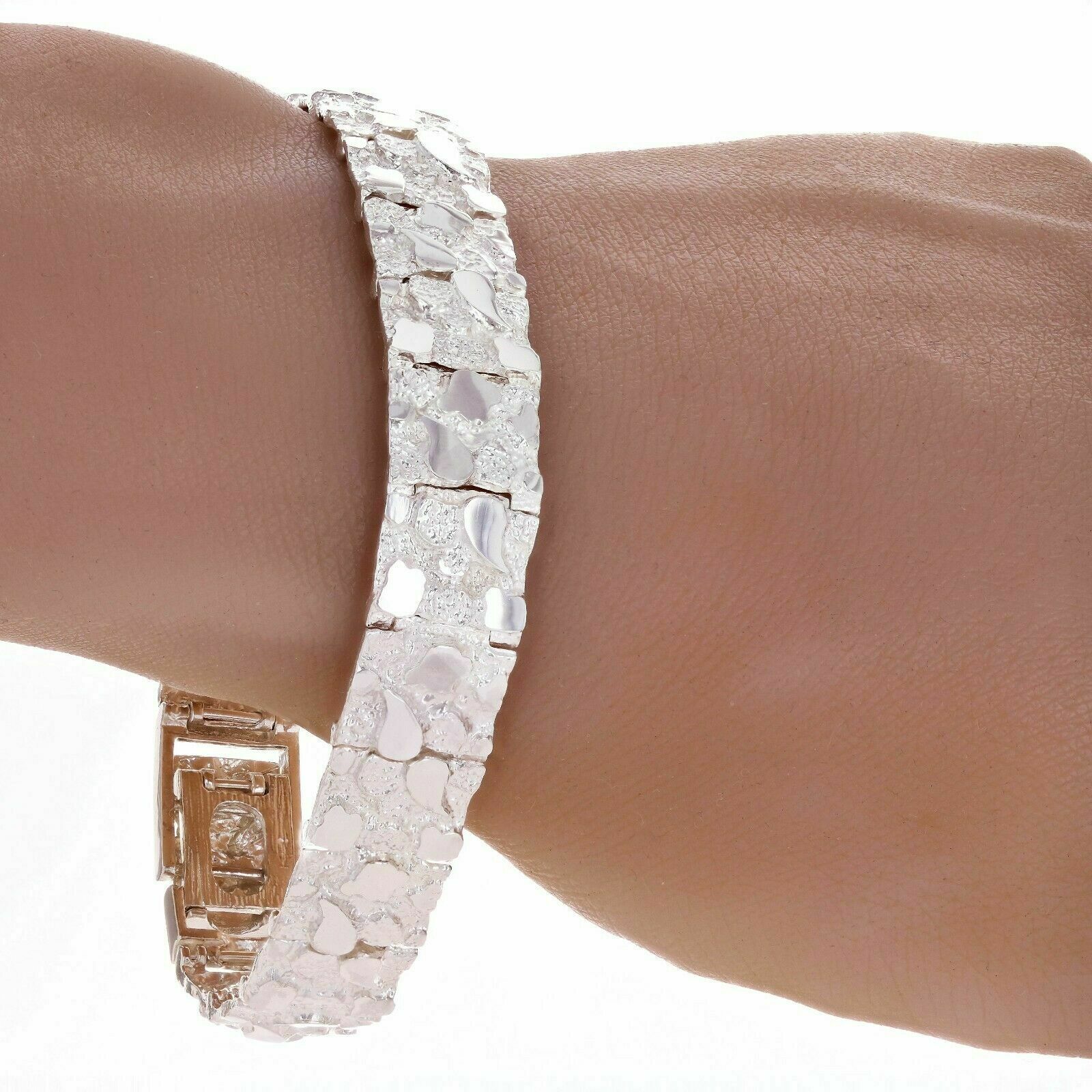 925 Sterling Silver Solid Nugget Bracelet Adjustable 8.5" 12.5mm 30 grams