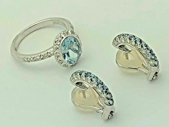 18k White Gold Natural Diamond & Aquamarine Earrings & Ring Size 7 Jewelry Set