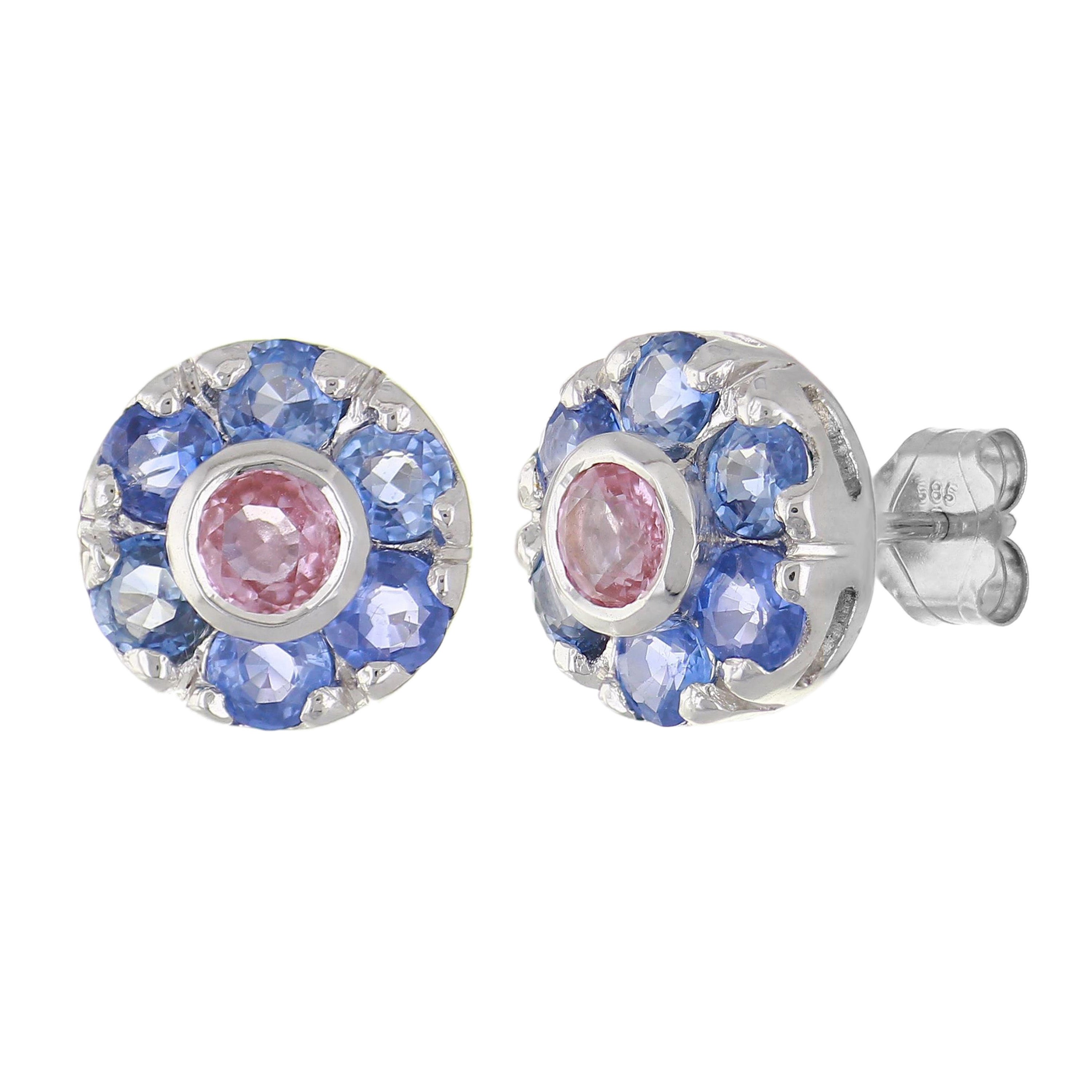 14k White Gold Pink & Blue Sapphire Flower Cluster Stud Earrings