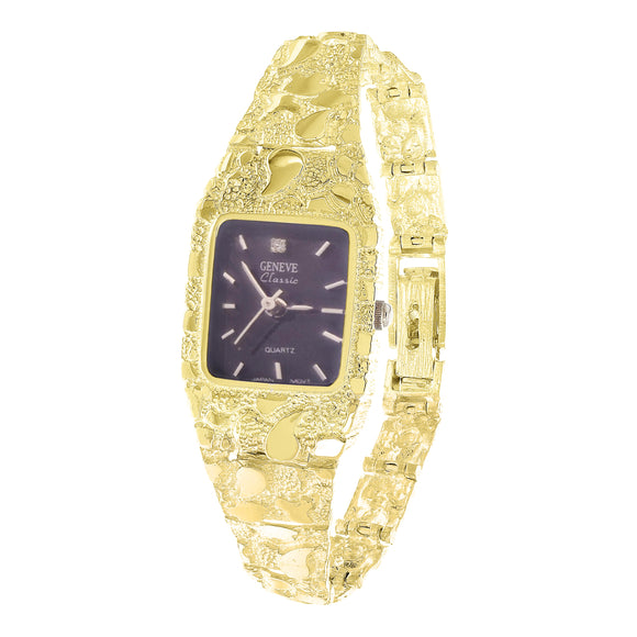 Women's 14k Yellow Gold Solid Chunky Nugget Link Bracelet Geneve Diamond Wrist Watch 8