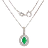 14k White Gold Emerald & Diamond Oval Halo Pendant Necklace 18" - Emerald