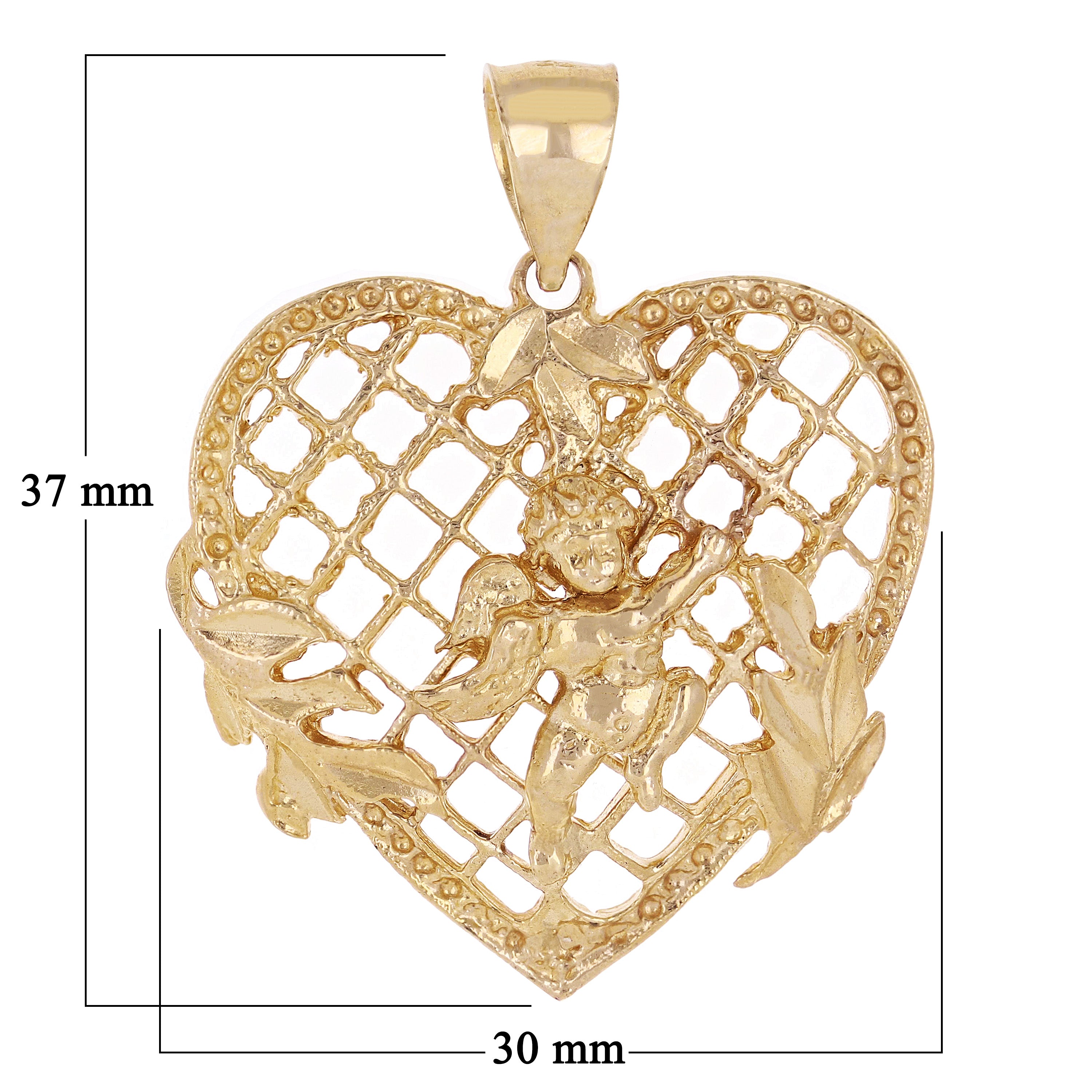 14k Yellow Gold Heart Cherub Guardian Angel Charm Pendant 1.4" 6.6 grams