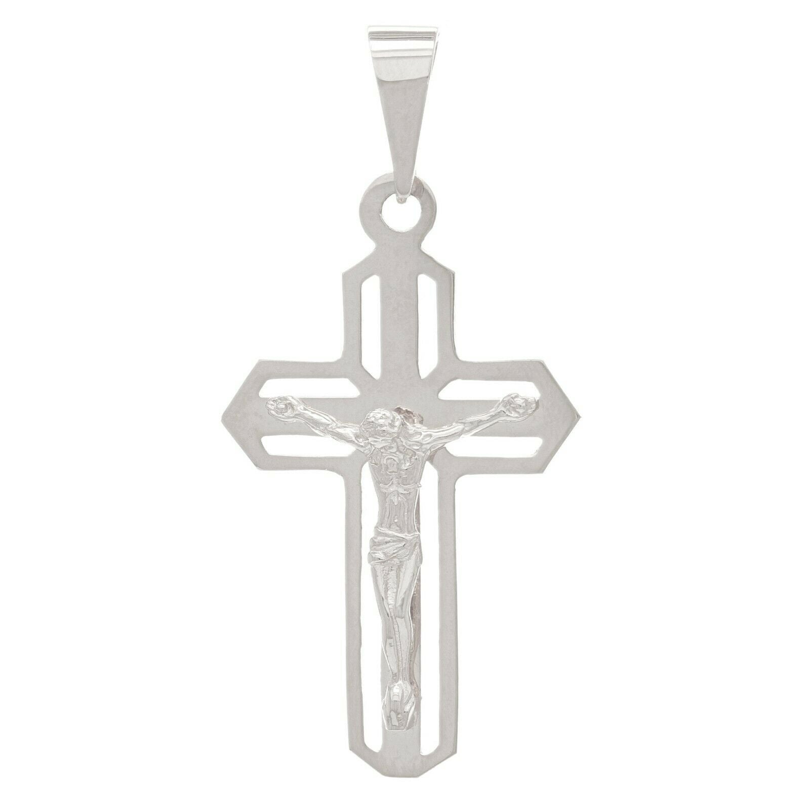 14k White Gold Jesus Christ Crucifix Cross Religious Charm Pendant 1.4" 2.6grams - White
