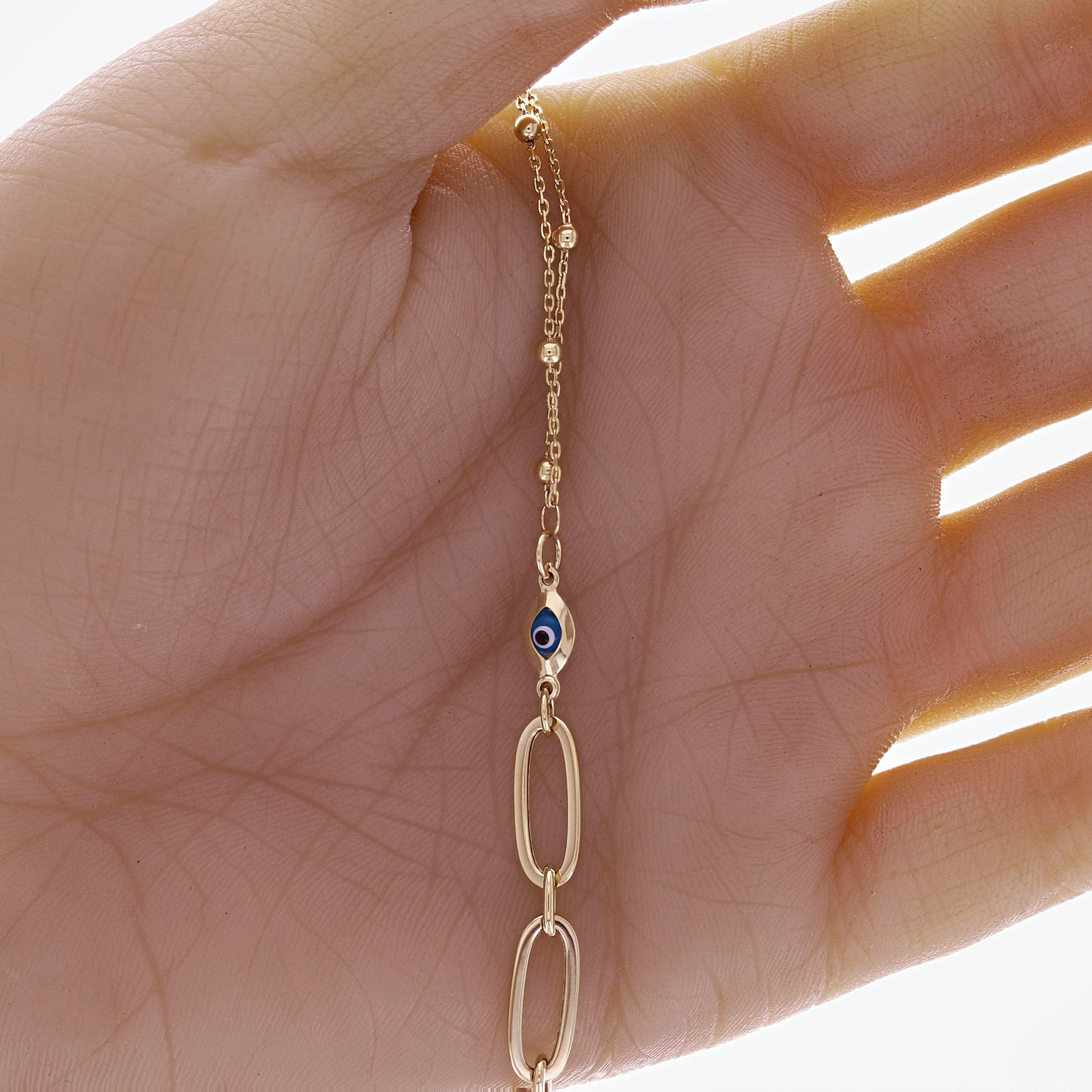 Italian 14k Yellow Gold Ball Beads Paper Clip Link Evil Eye Bracelet 7.5" 2.5 grams