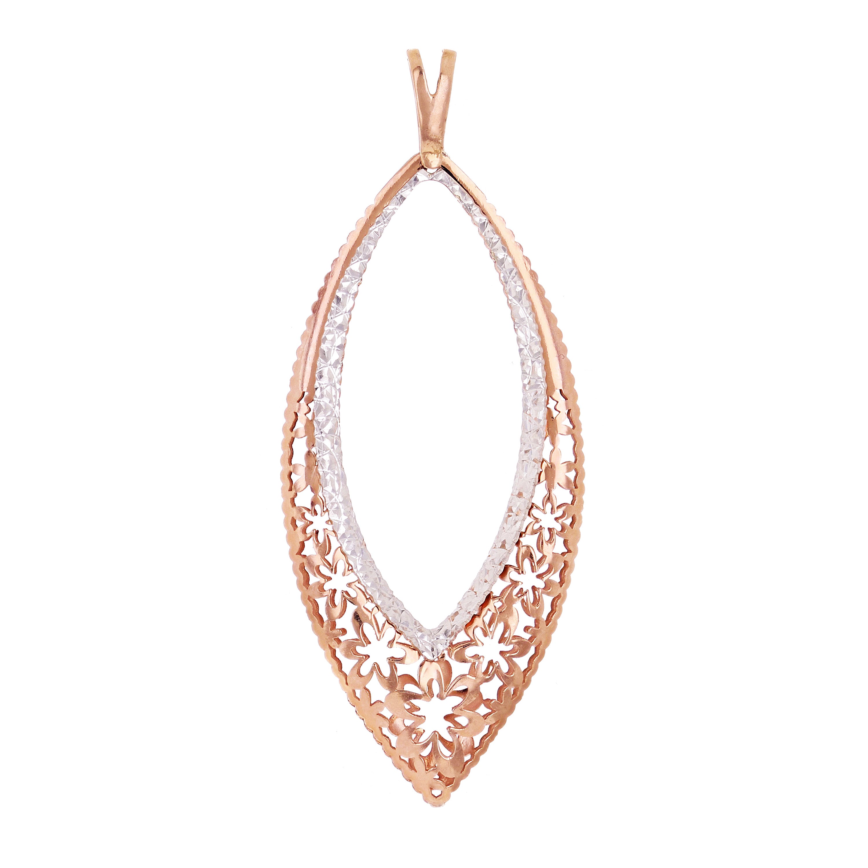 14k Two Tone Gold Long Diamond Cut Oval Filigree Charm Pendant 2.15" 2.5g