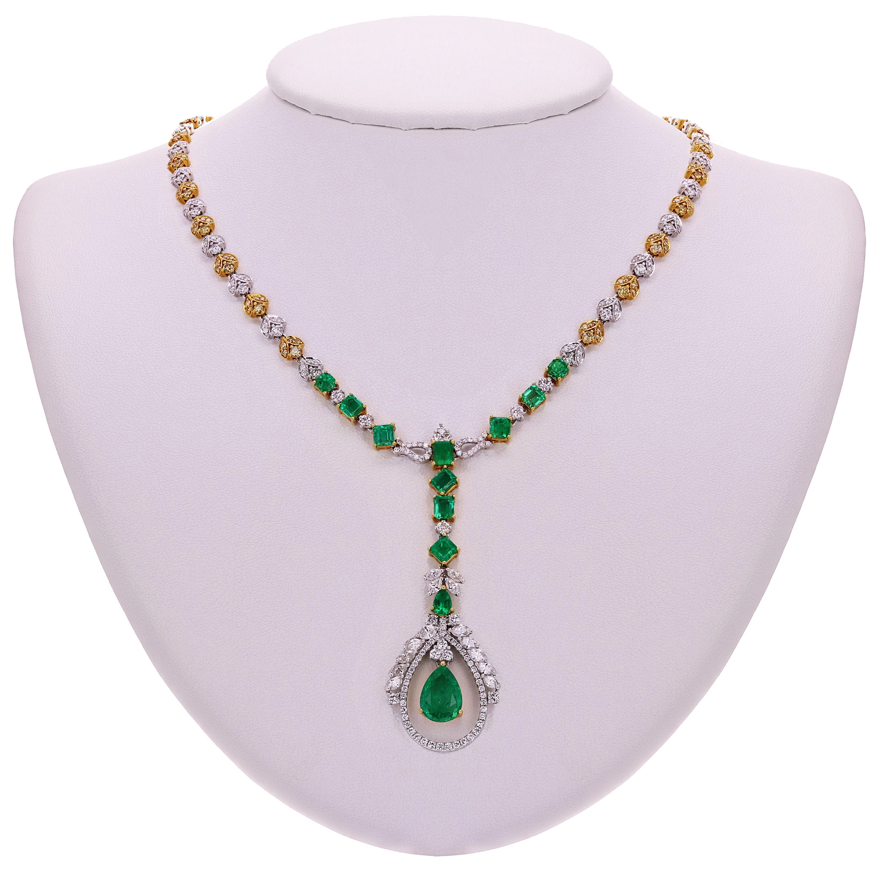 18k White & Yellow Gold 6.58ct Emerald & 6.74ct Yellow Diamond Necklace 17"