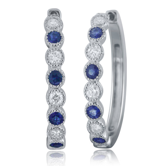 14k White Gold 0.50ctw Sapphire & Diamond Half-Eternity Oblong Hoop Earrings