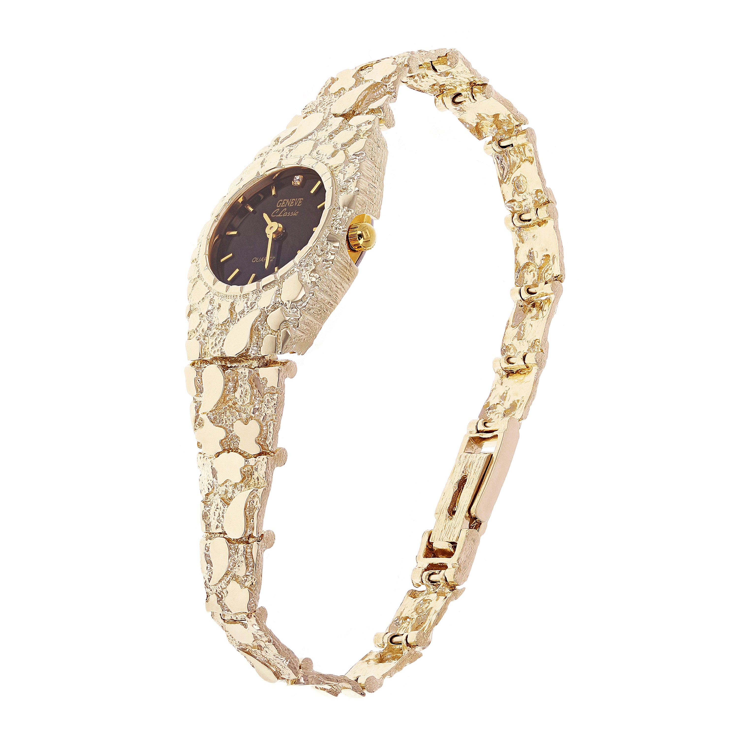 Women's 14k Yellow Gold Nugget Link Bracelet Geneve Wrist Watch with Diamond 7"