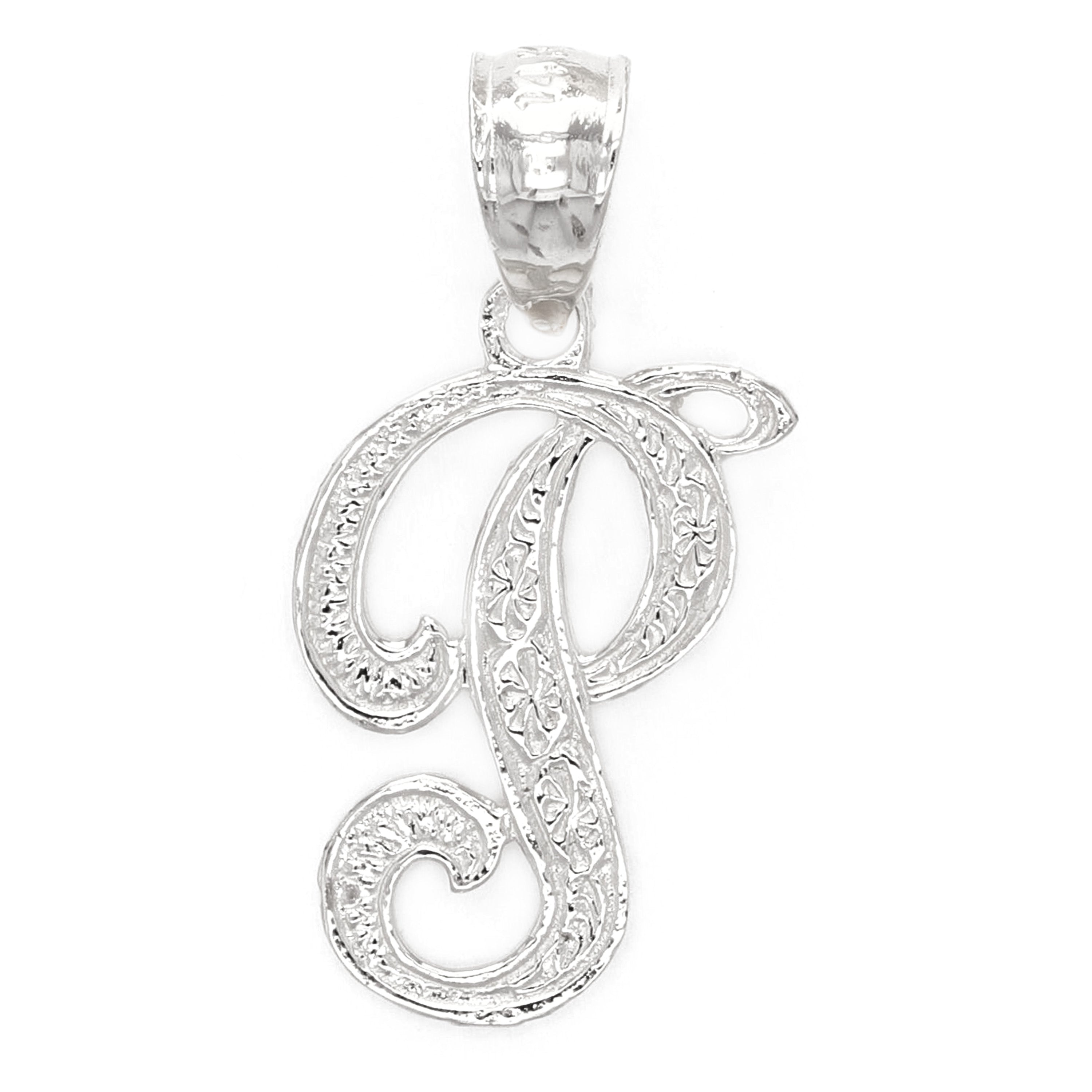 14k White Gold Initial Letter P Alphabet Charm Pendant - Letter P,White