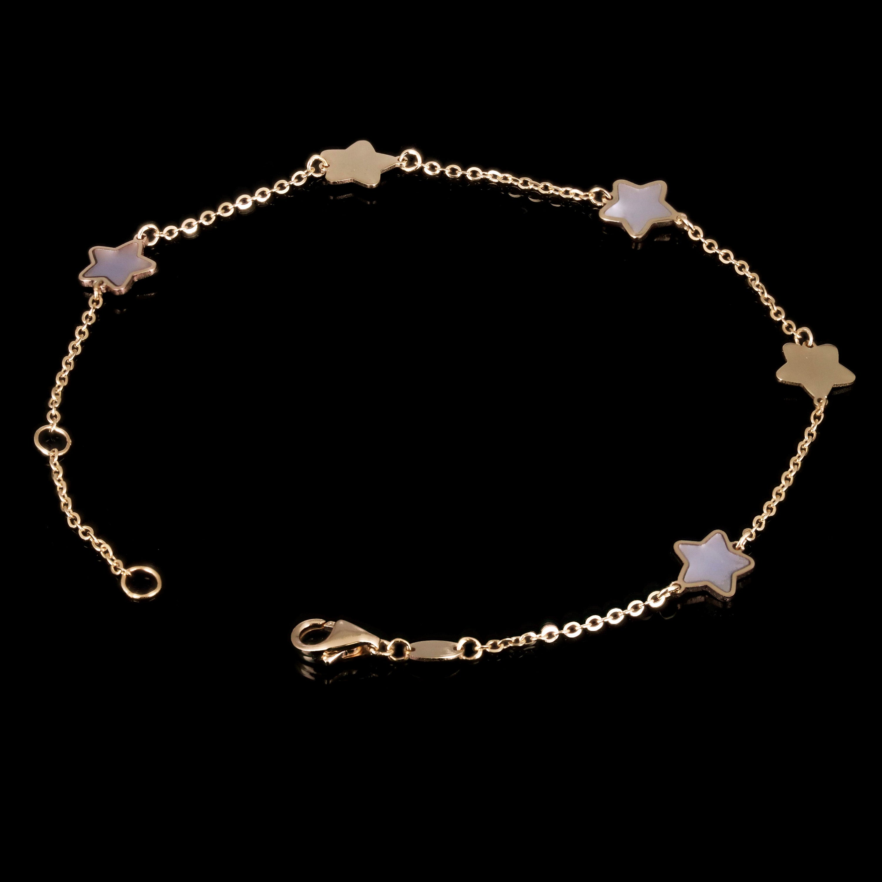 Italian 14k Yellow Gold & Mother of Pearl STAR Charm Bracelet 7" 1.5 grams
