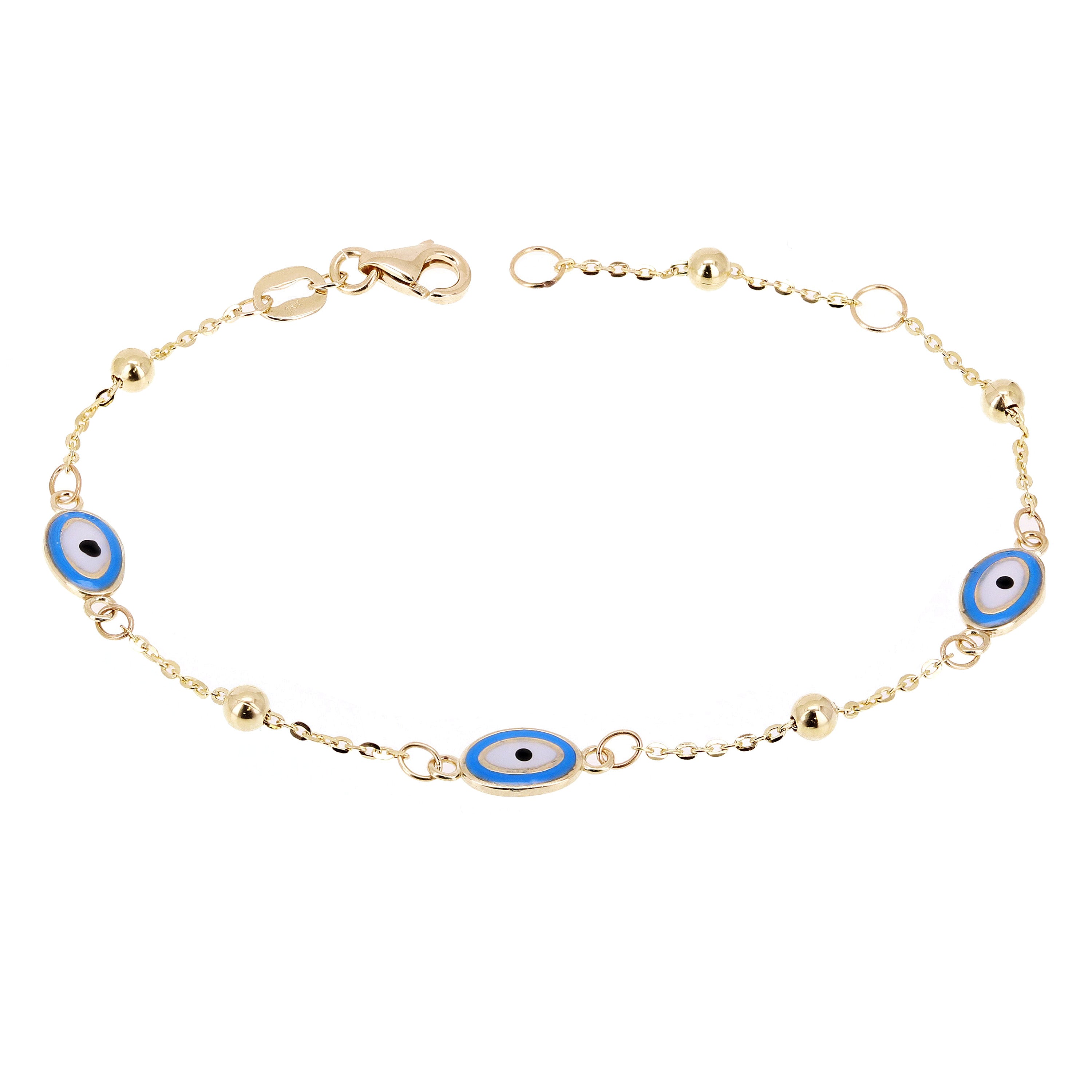 Italian 14k Yellow Gold Enamel Evil Eye Station Bracelet 7"
