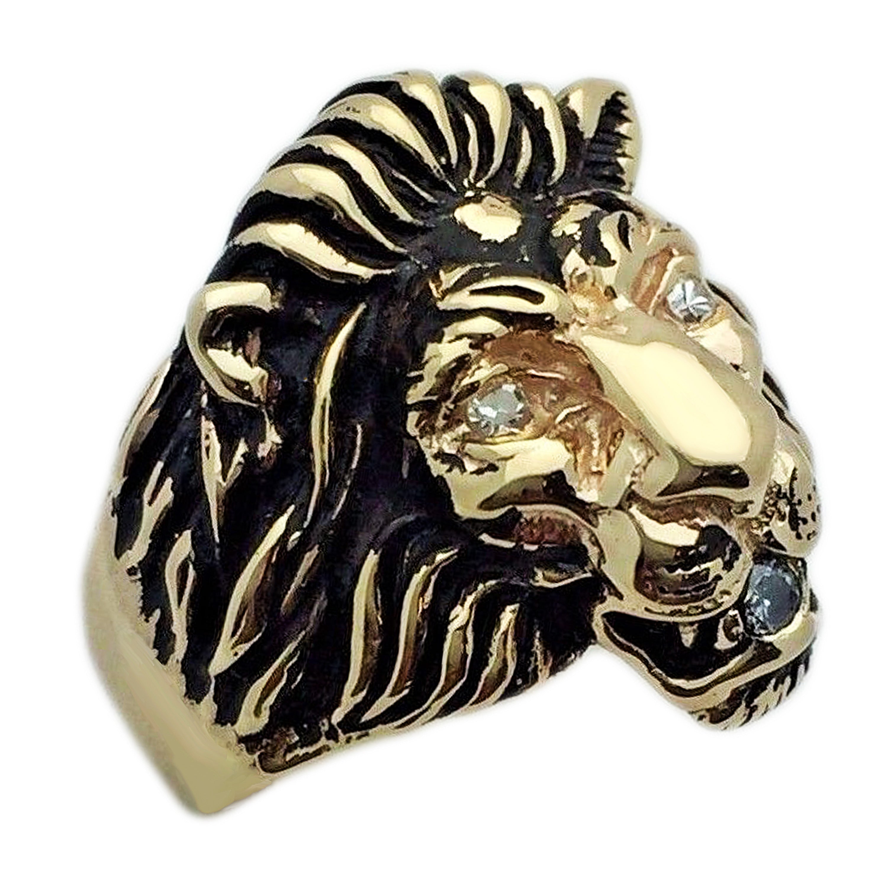 Men's 14k Yellow Gold Diamonds Black Finish Lion Head Ring Size 7 - Ring Size 7