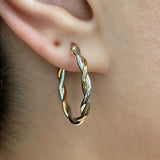 Italian 14k Yellow & White Gold Polished Twisted Medium Hollow Hoop Earrings