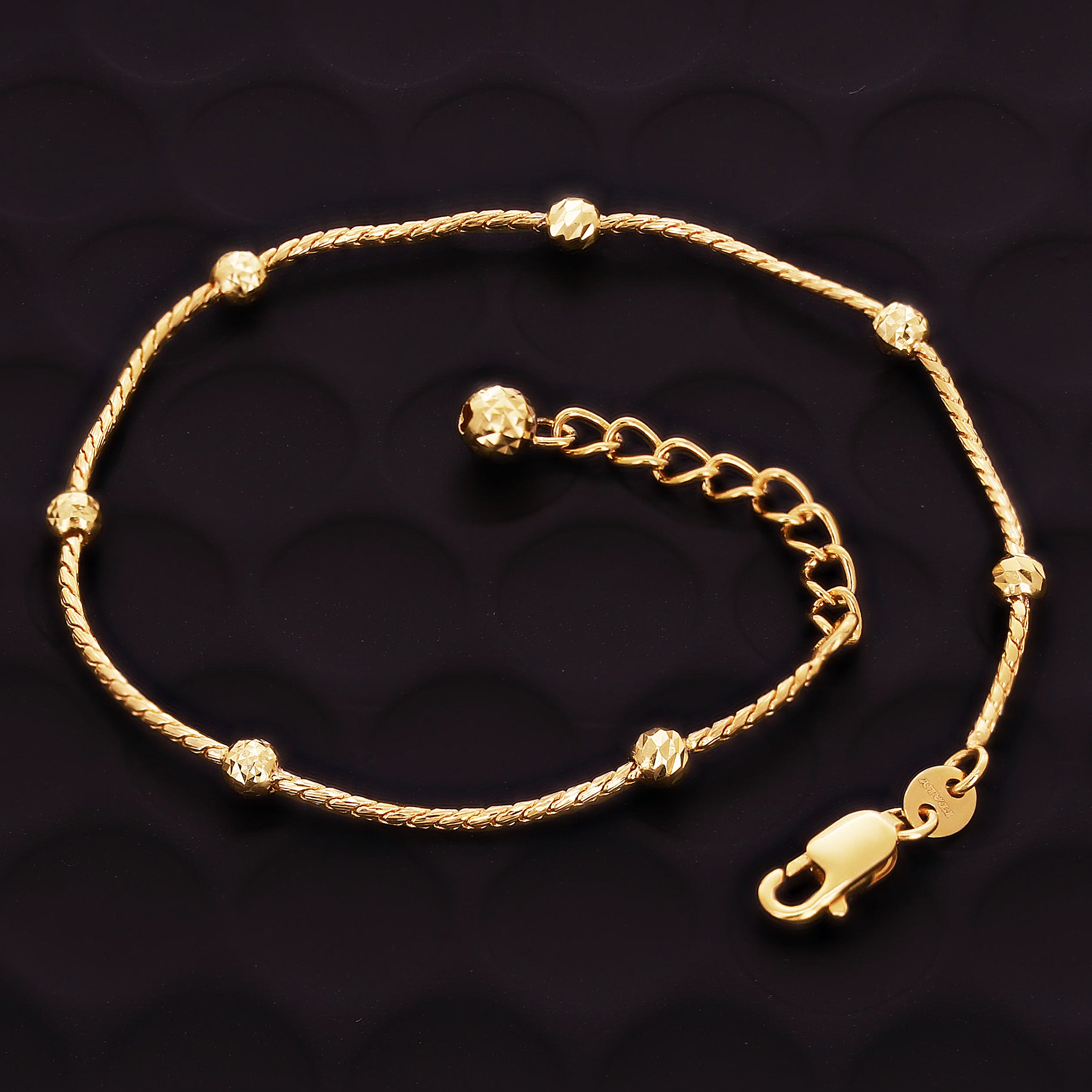 Italian 18k Yellow Gold Diamond Cut Chain Ball Bead Station Bracelet Adj. 6-7"