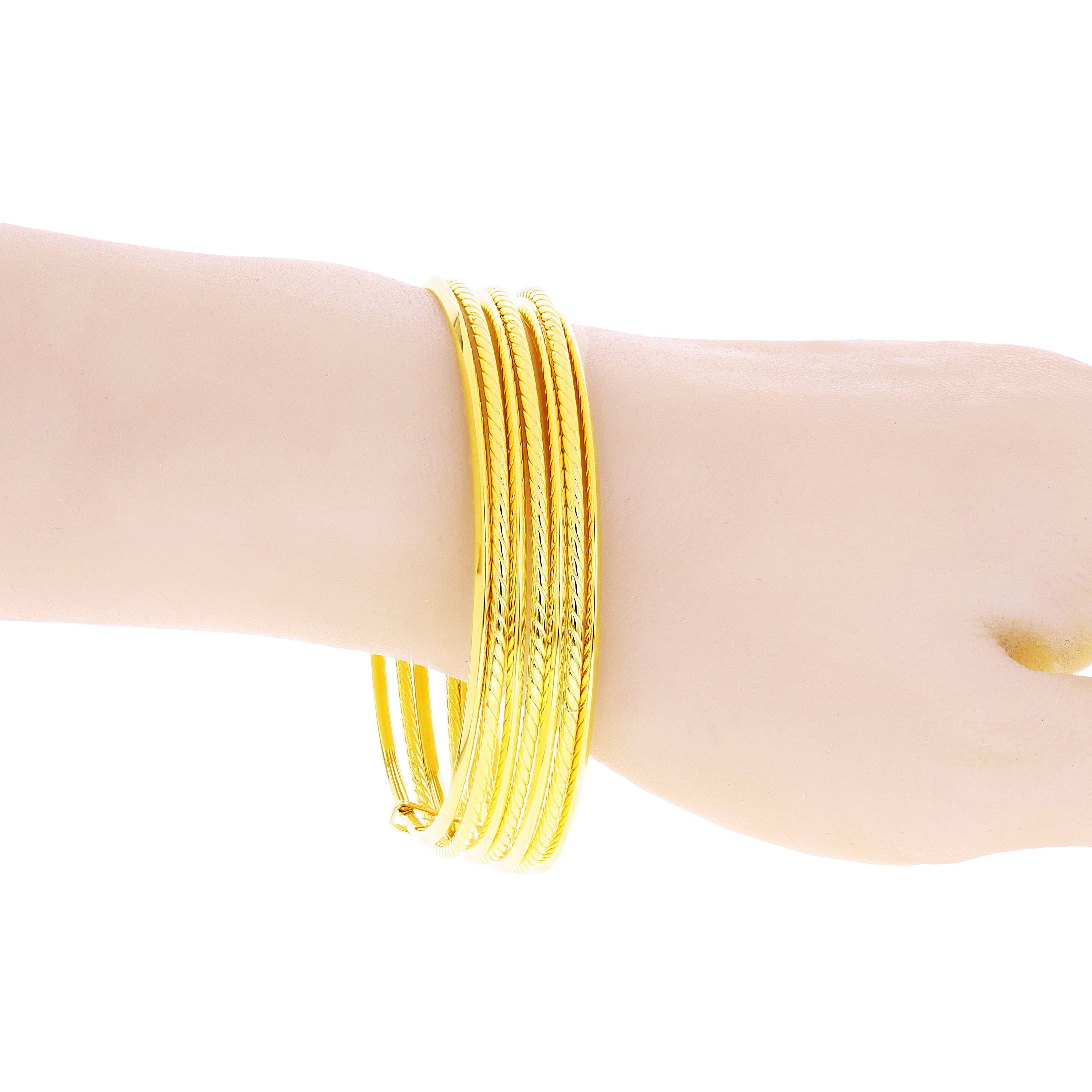 Italian 14k Yellow Gold Plain & Twisted 7 Days Bangle Bracelet Set 8" 13mm 10.8g